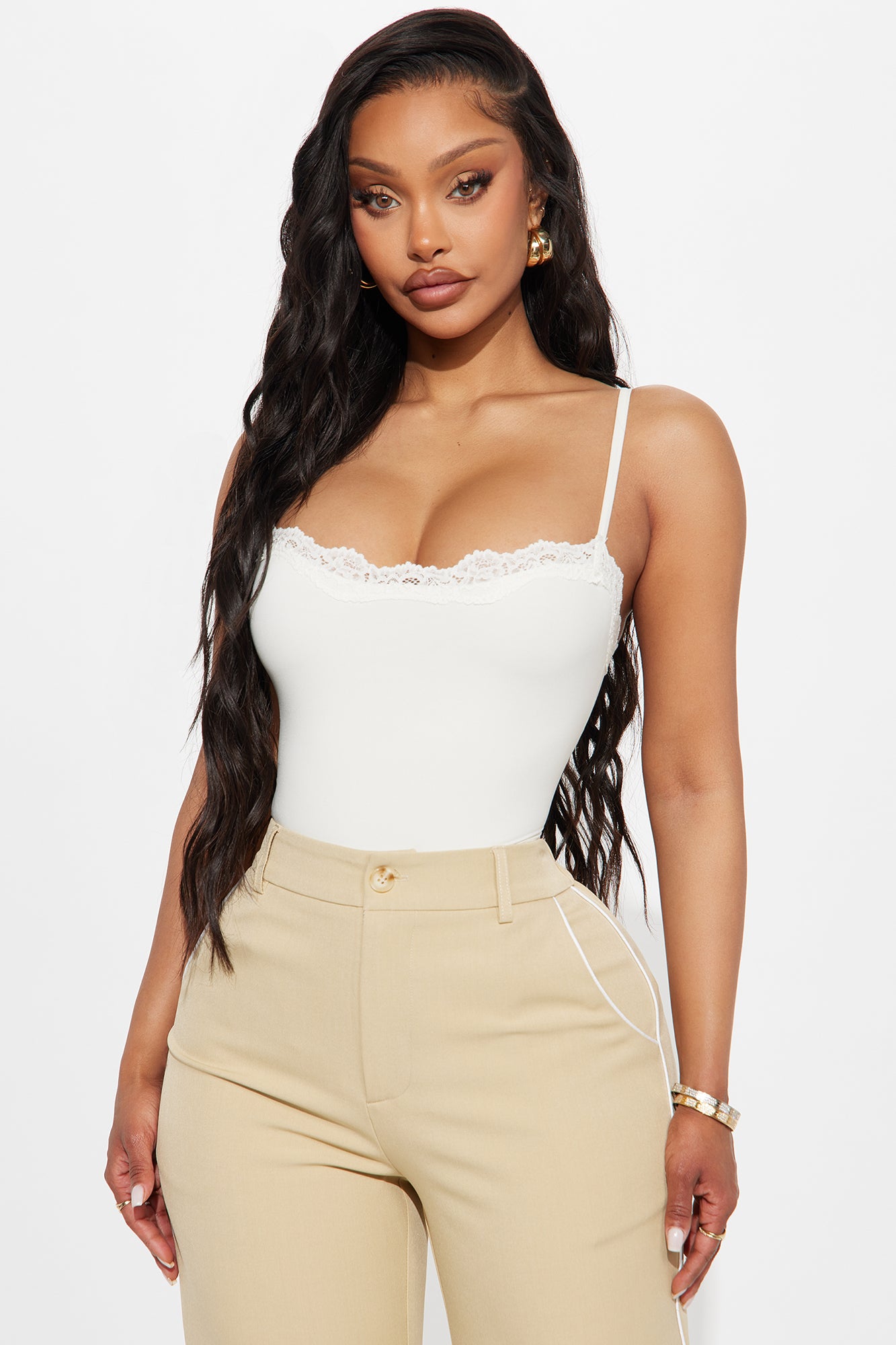 Buttery Soft Lace Trim Thong Cami Bodysuit - White - Image 3
