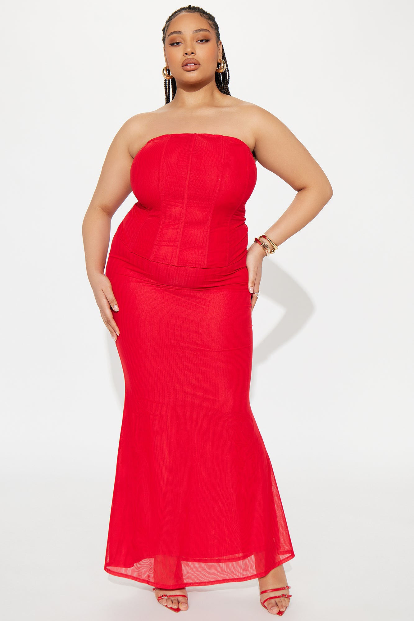 Secret Affair Mesh Corset Maxi Skirt Set - Red - Image 4