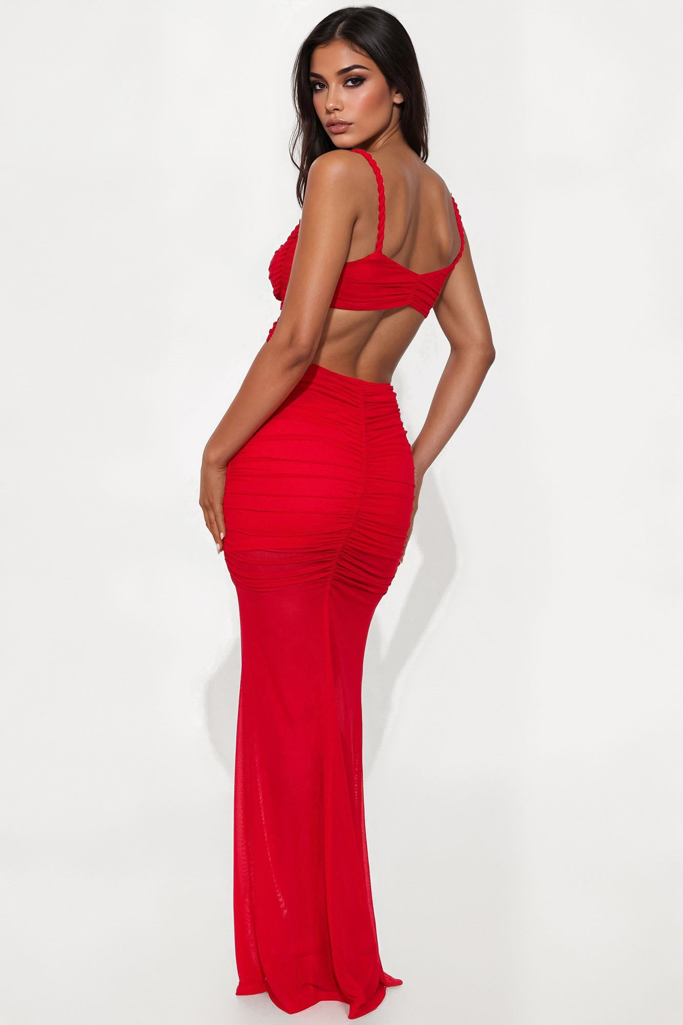 Ashley Mesh Ruched Maxi Dress - Red - Image 3