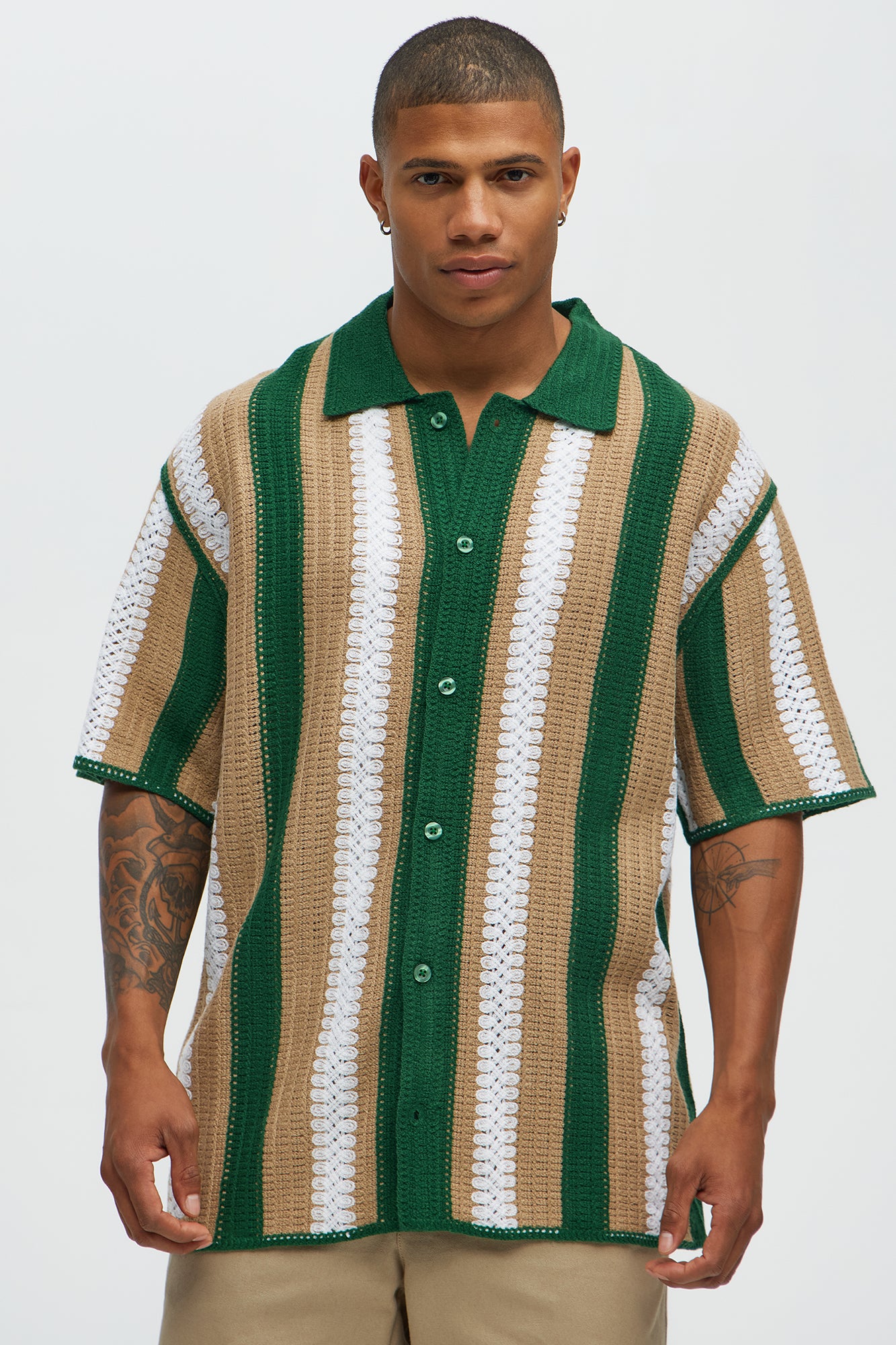 Brock Striped Crochet Collar Button Down Shirt - Green/combo - Image 3