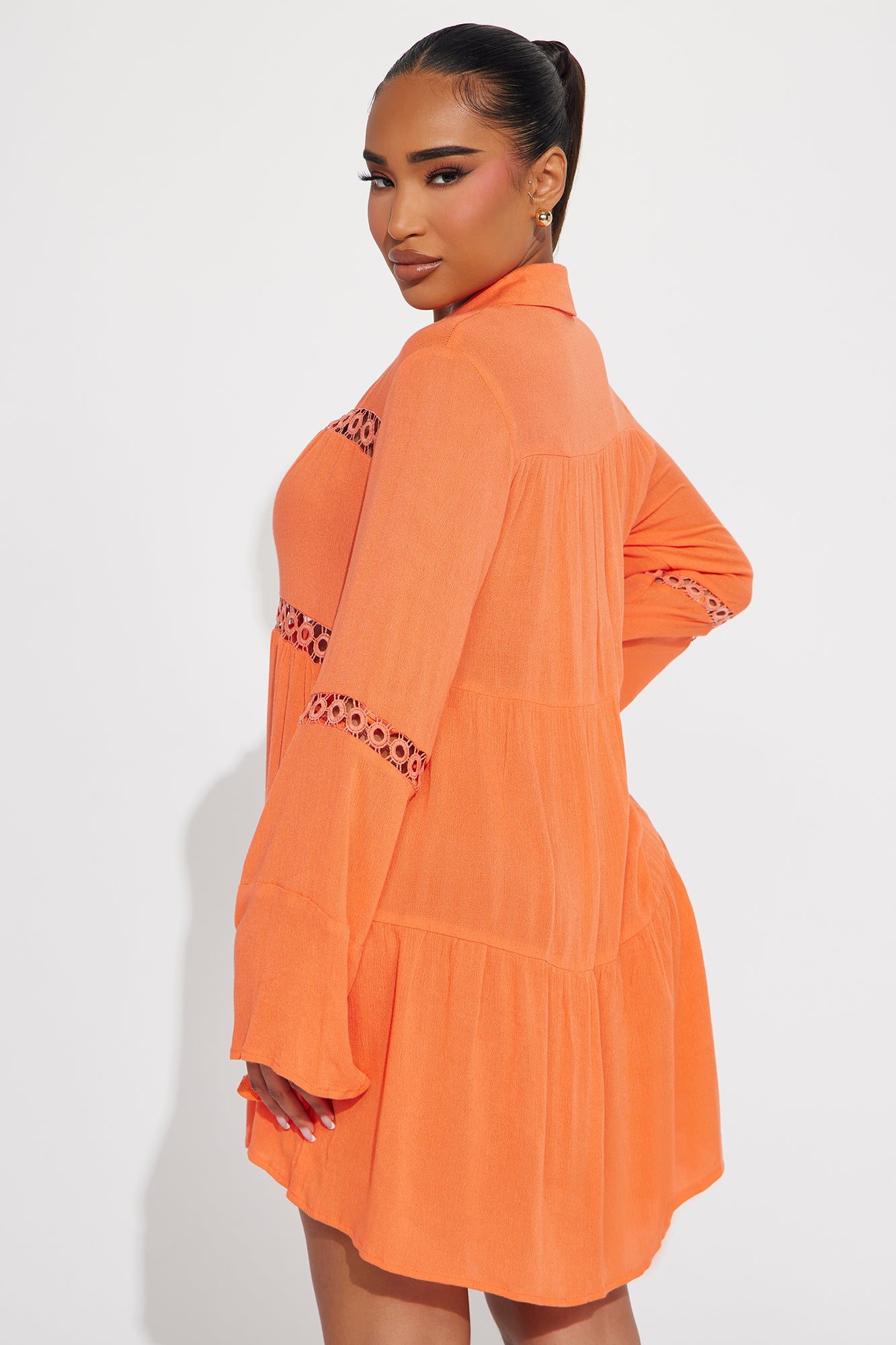 Breezy Paradise Linen Circle Cover Up Shirt Dress - Orange - Image 3
