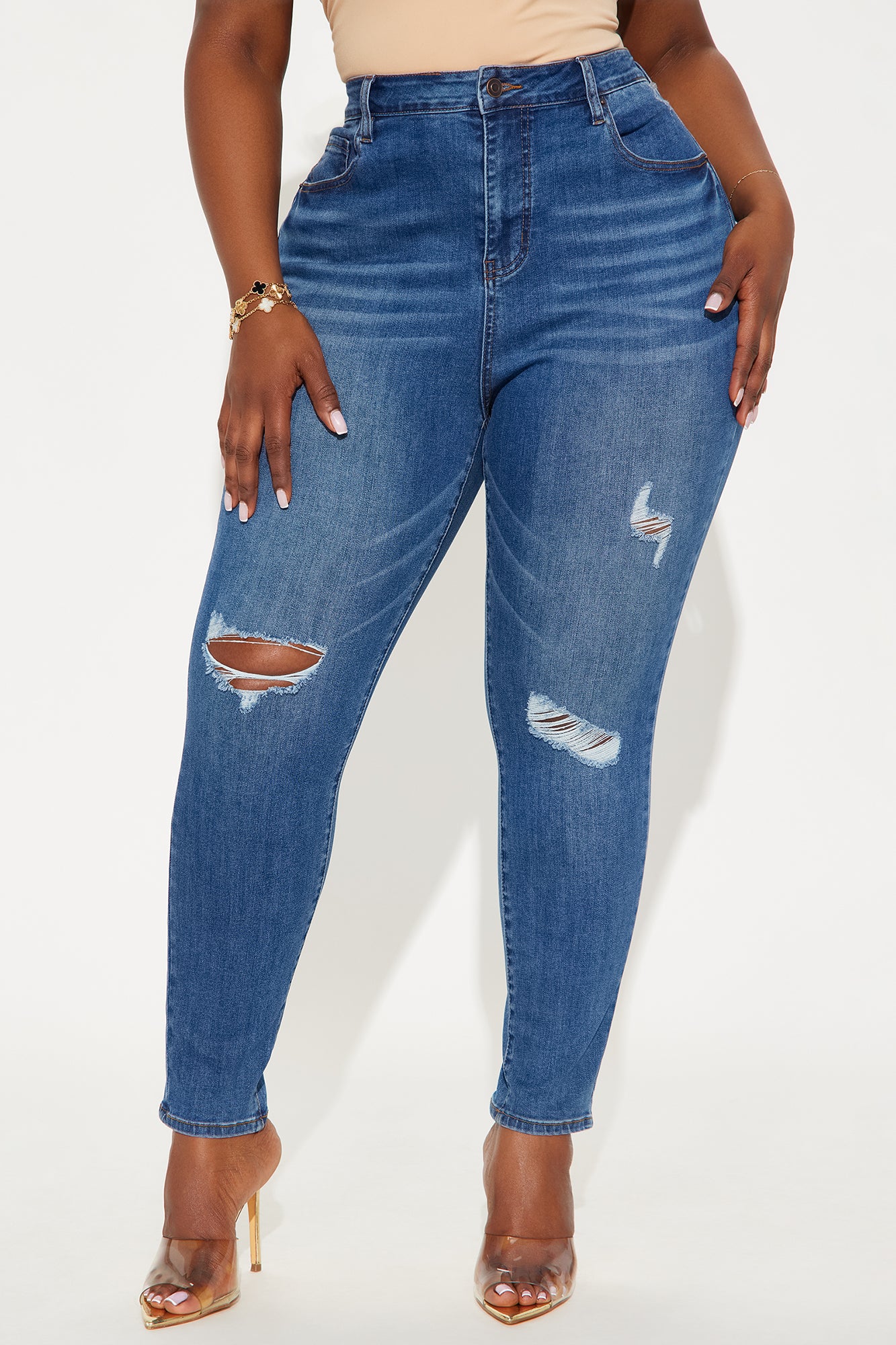 Higher Frequency Stretch Ripped Skinny Jeans - Medium Wash - Image 5
