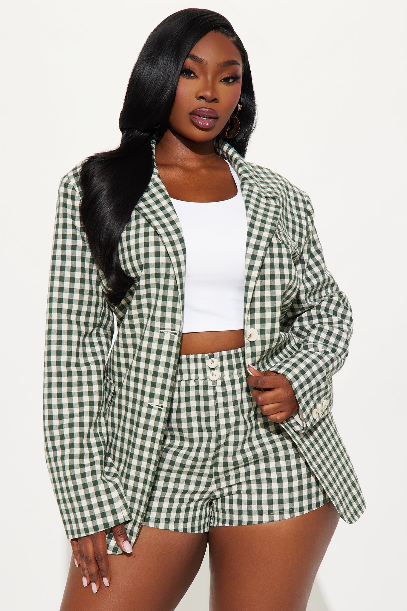 Gina Gingham Linen Oversized Blazer - Green - Image 4