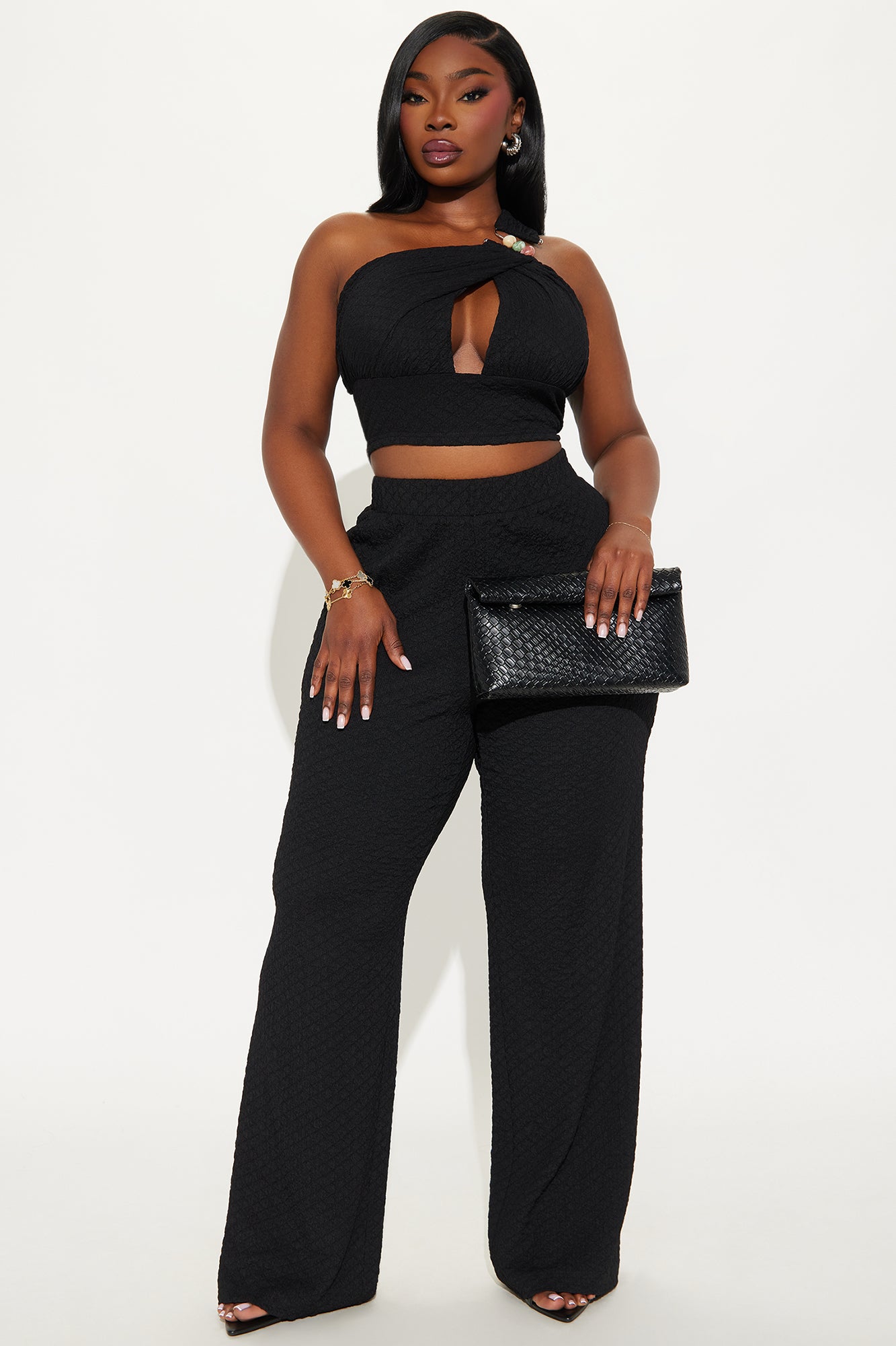 Aza One Shoulder Textured Flare Pant Set - Black - Image 4