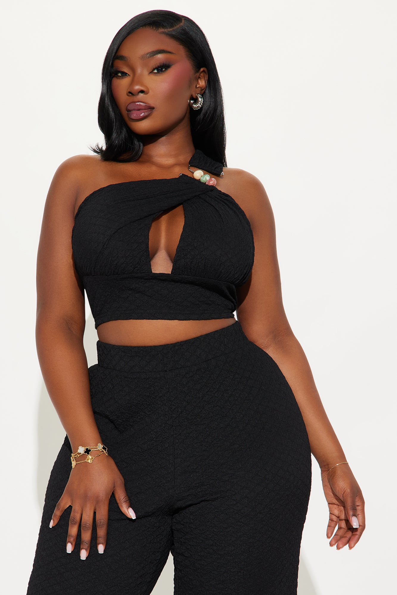 Aza One Shoulder Textured Flare Pant Set - Black - Image 5
