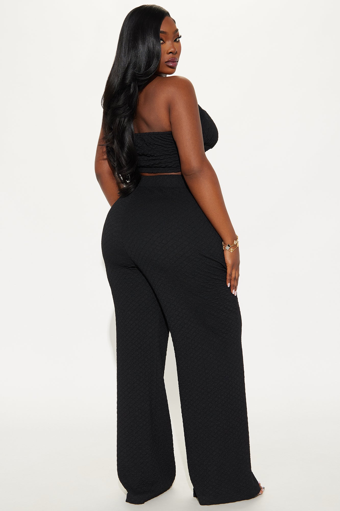 Aza One Shoulder Textured Flare Pant Set - Black - Image 7