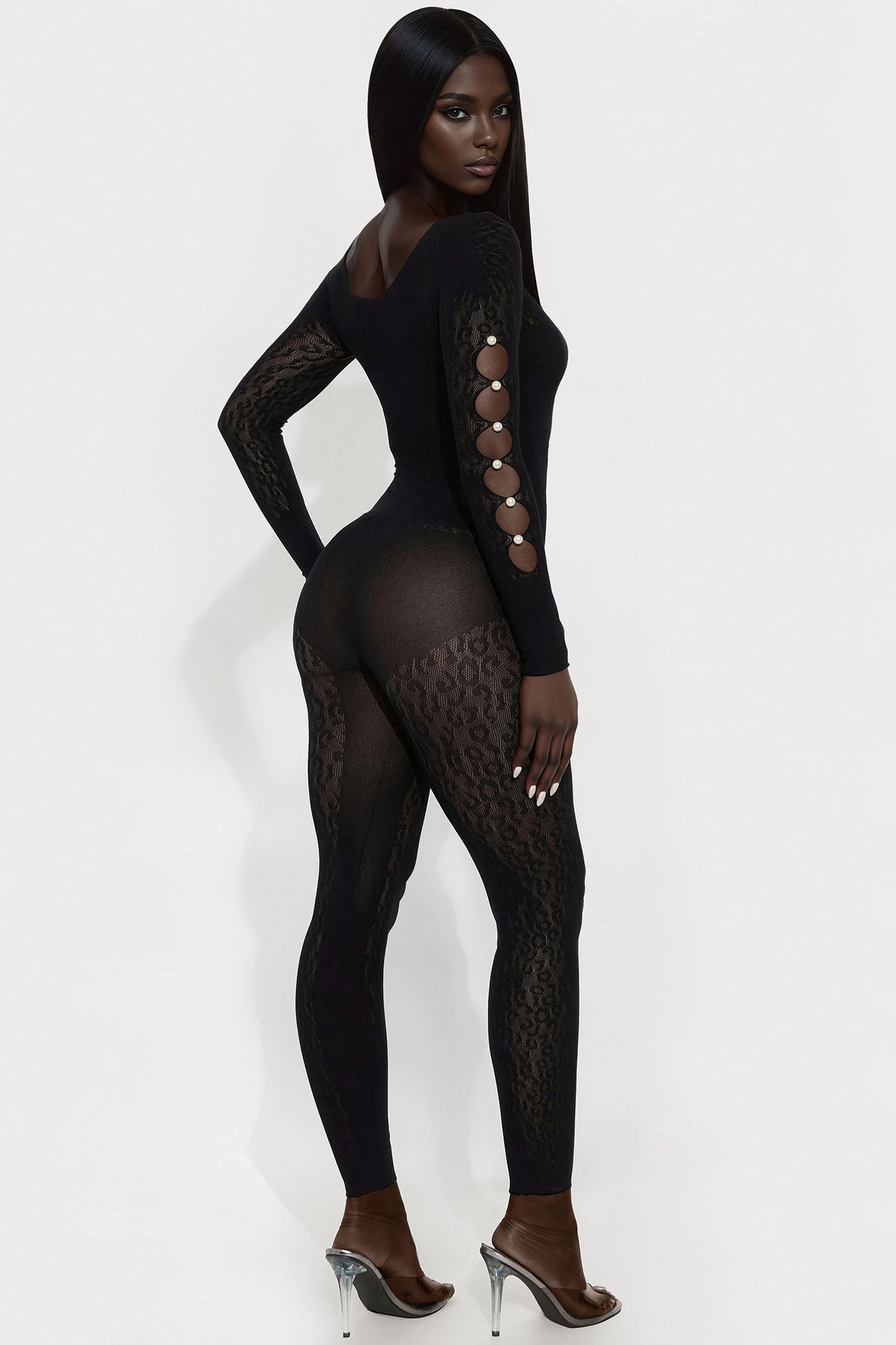 Celeste Leopard Cut Out Rhinestone Jumpsuit Bodystocking - Black - Image 3