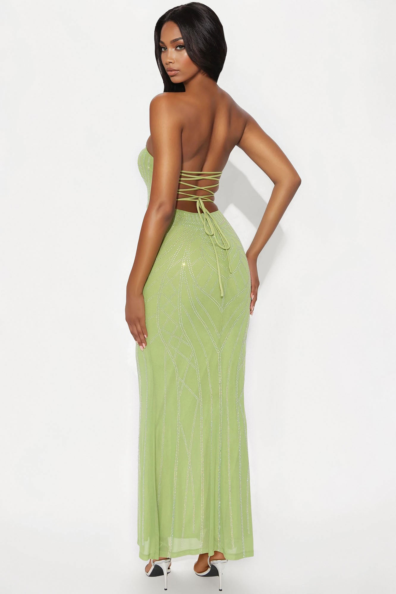 Stella Embellished Mesh Strapless Maxi Dress - Sage - Image 3