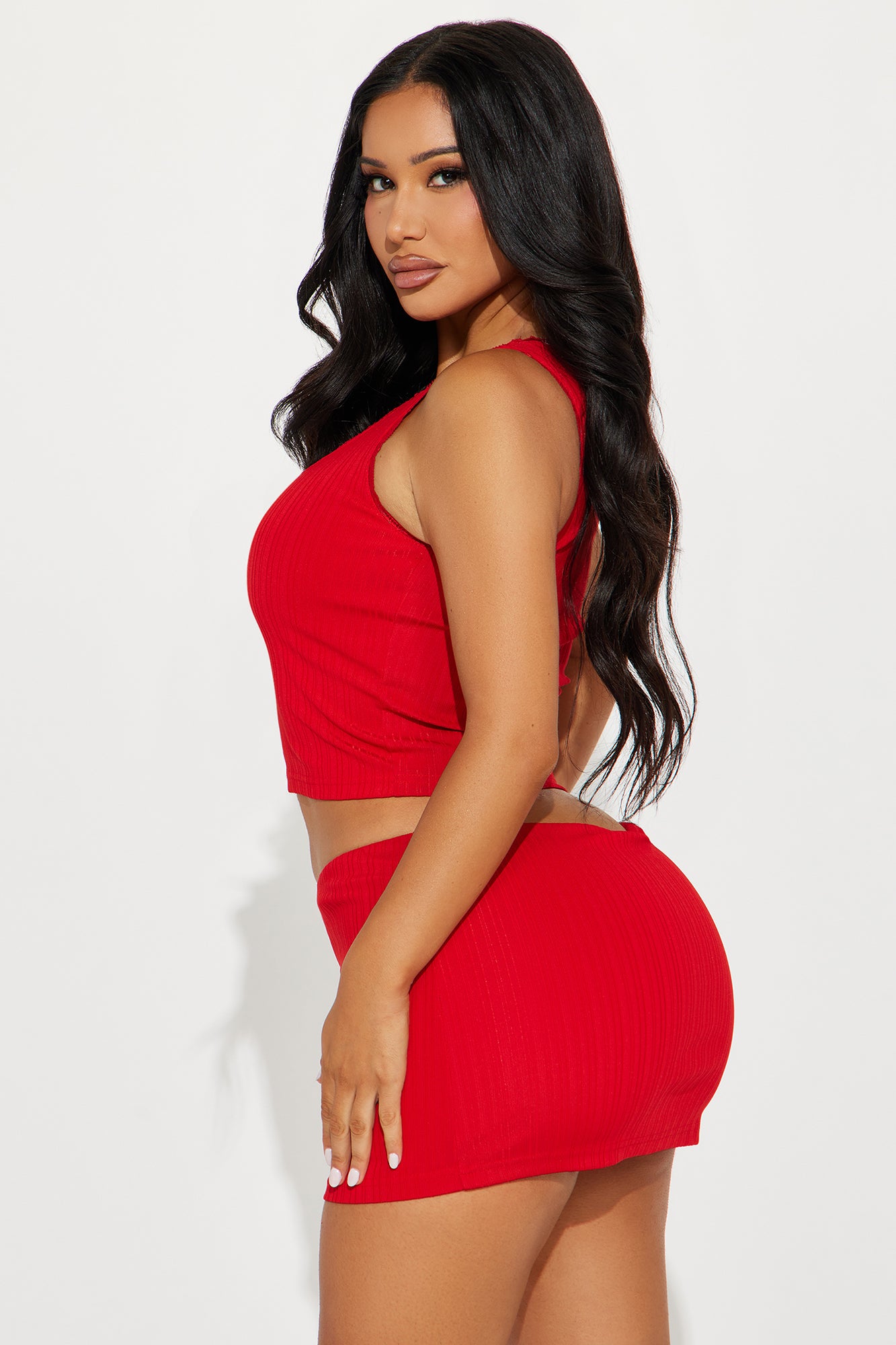 Bow Love Ribbed Skirt Set - Red - Image 5