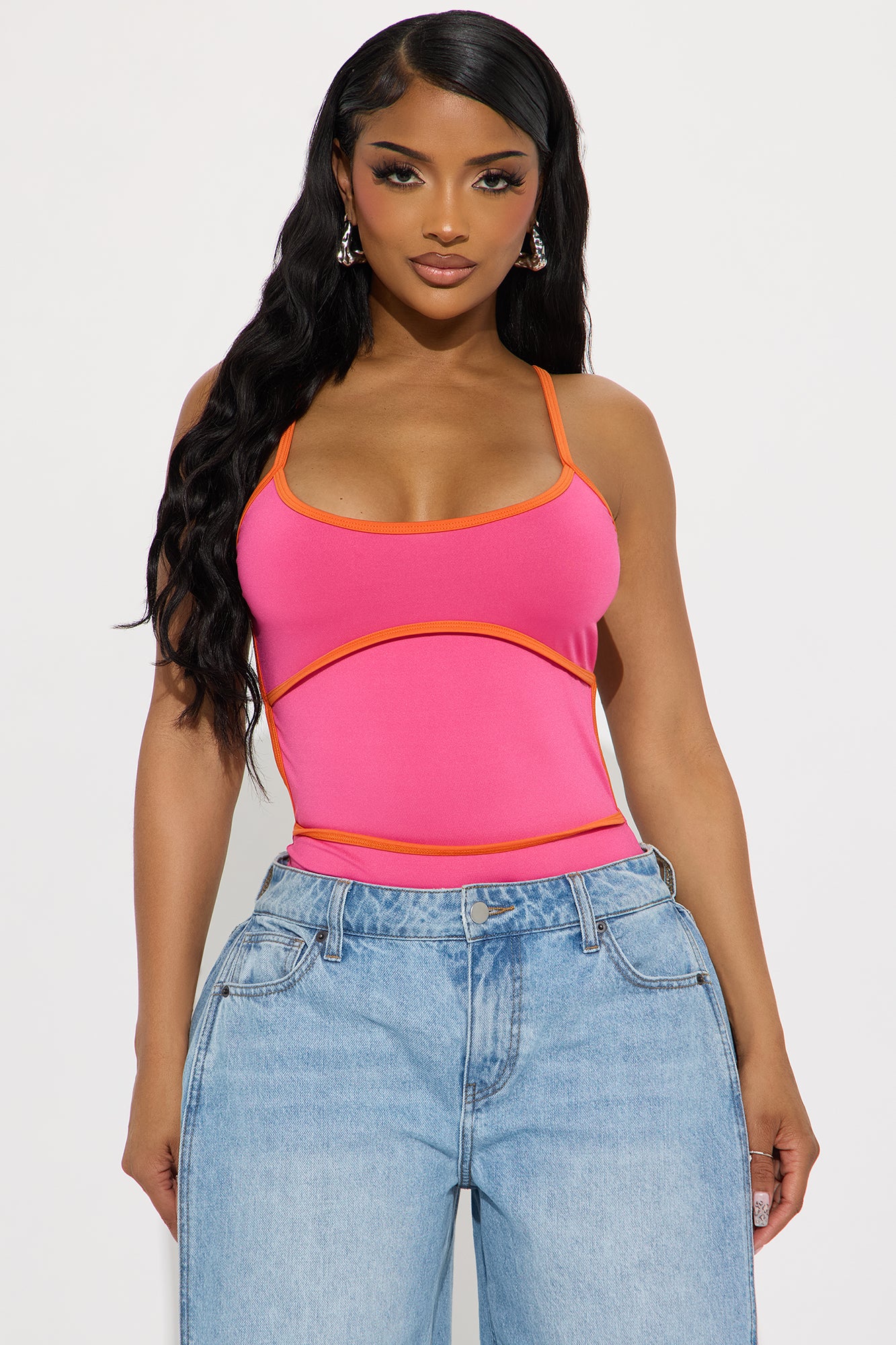 Playful Competition Scoop Neck Contrast Trim Bodysuit - Fuchsia - Image 3