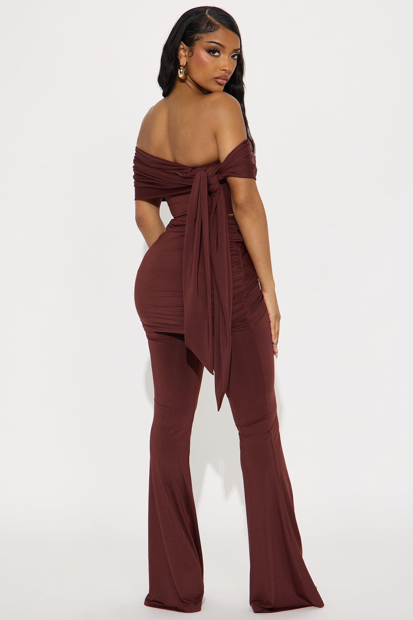 All Wrapped Up Off Shoulder Pant Set - Chocolate - Image 3