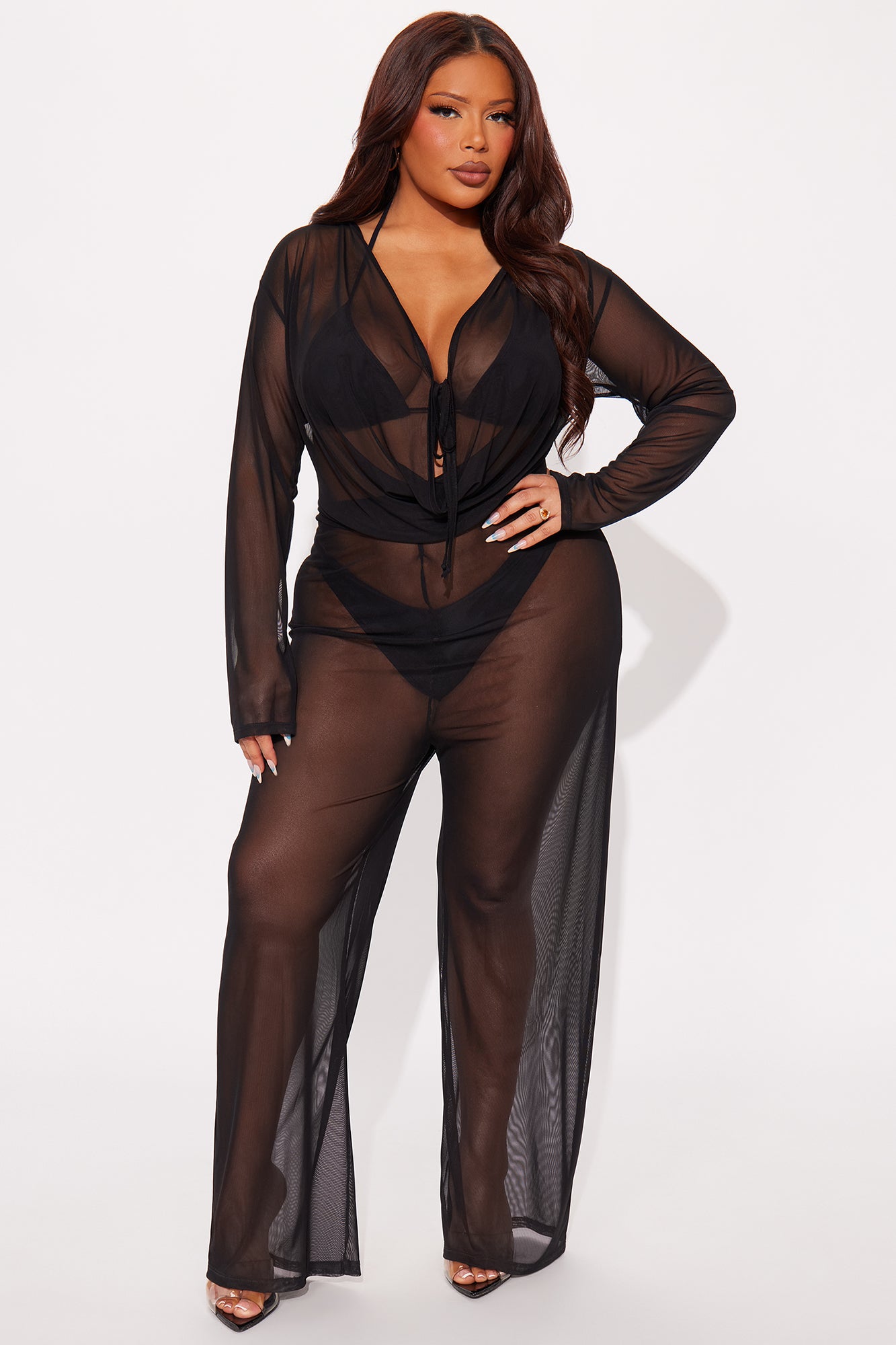 Beach Club Chic Cowl Neck Mesh Cover Up Jumpsuit - Black - Image 4