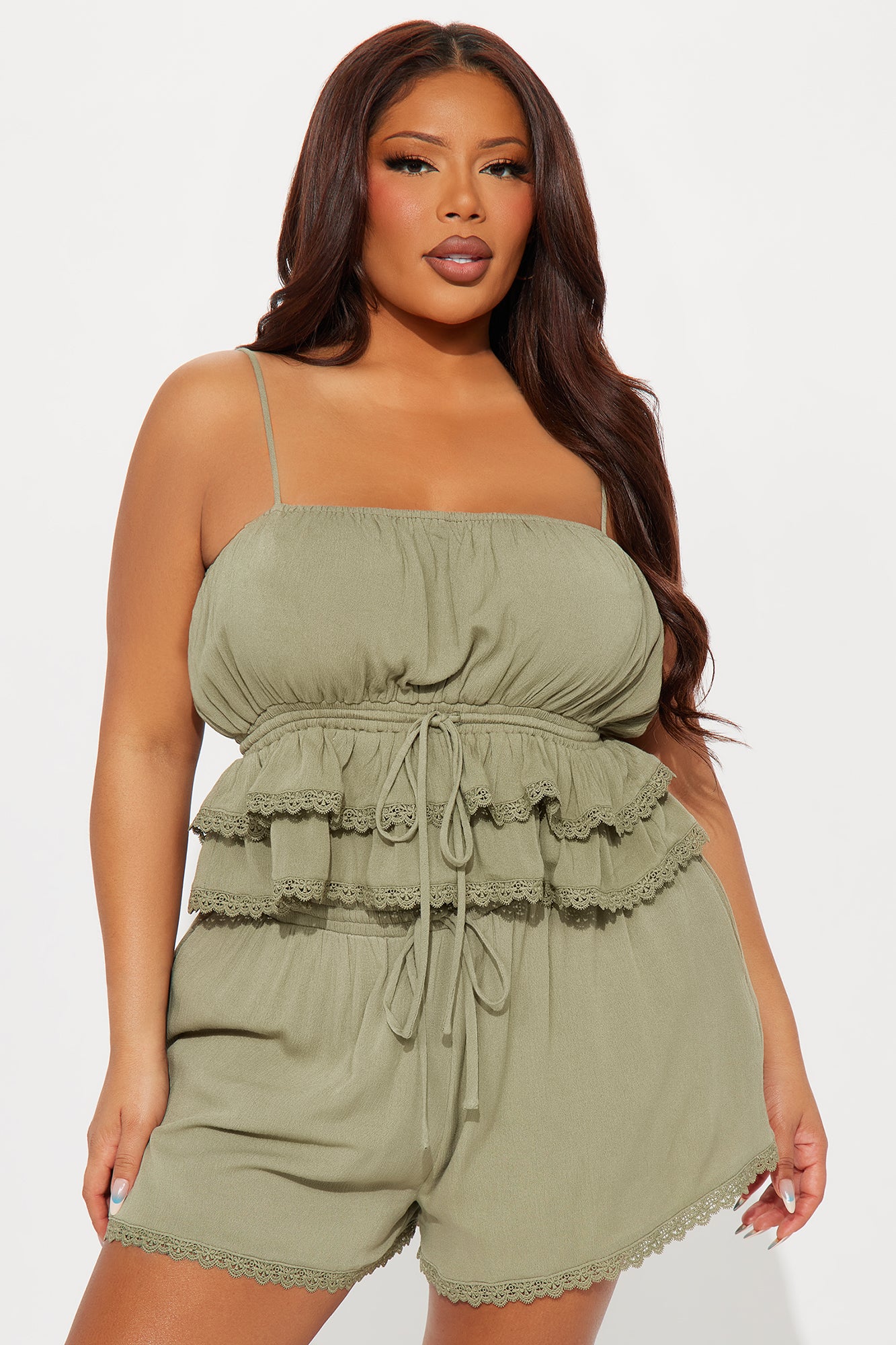 Annabelle Lace Trim Short Set - Olive - Image 4