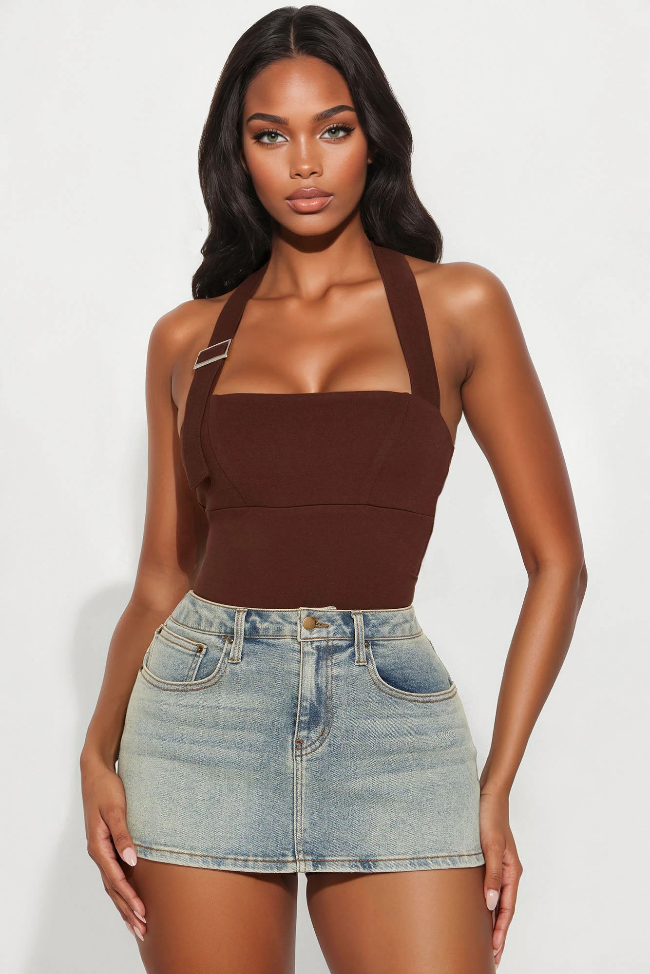 In The Mix Halter Ponte Bodysuit - Brown - Image 3