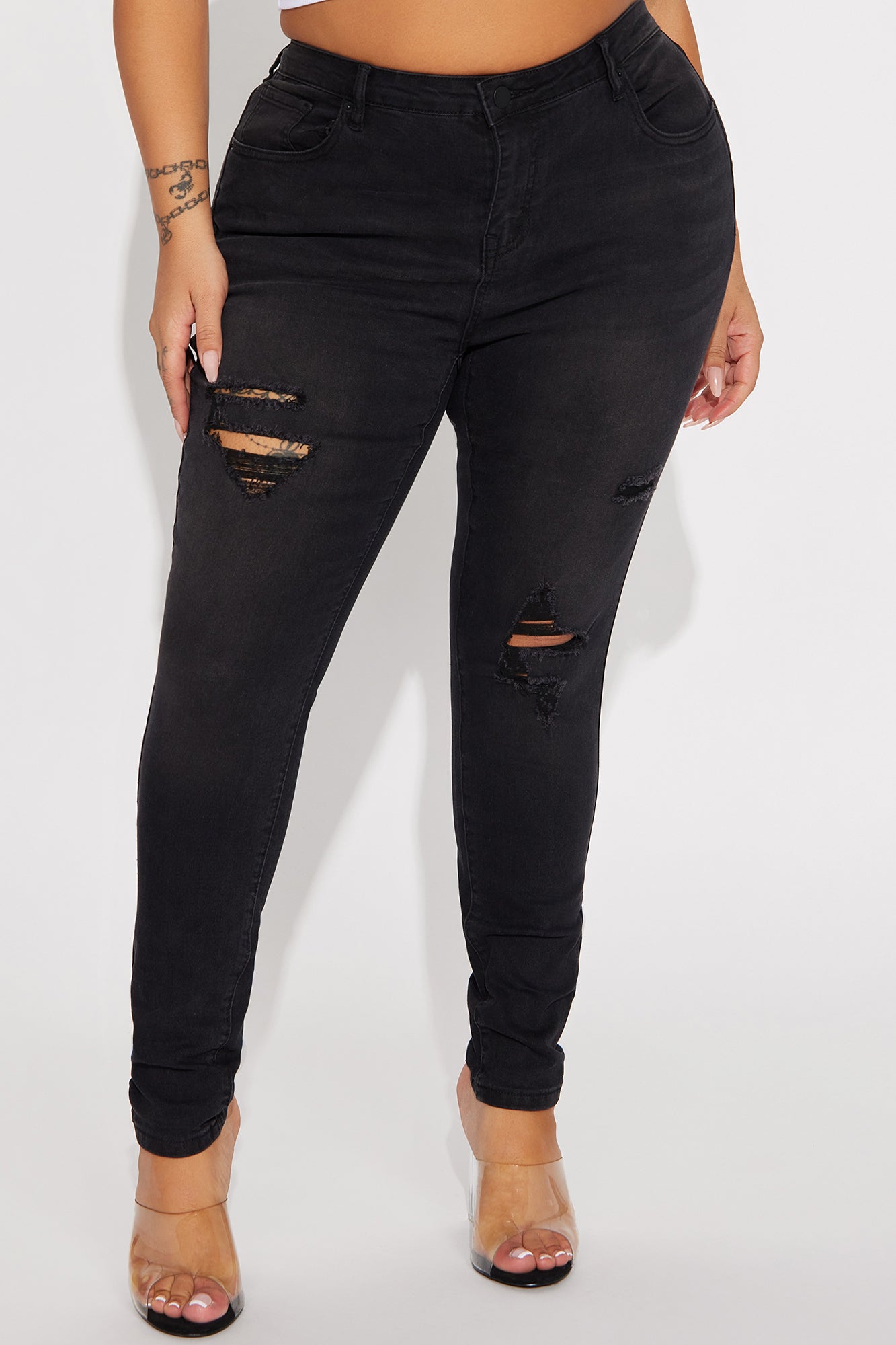 Calabasas Ripped Mid Rise Stretch Skinny Jeans - Black Wash - Image 5