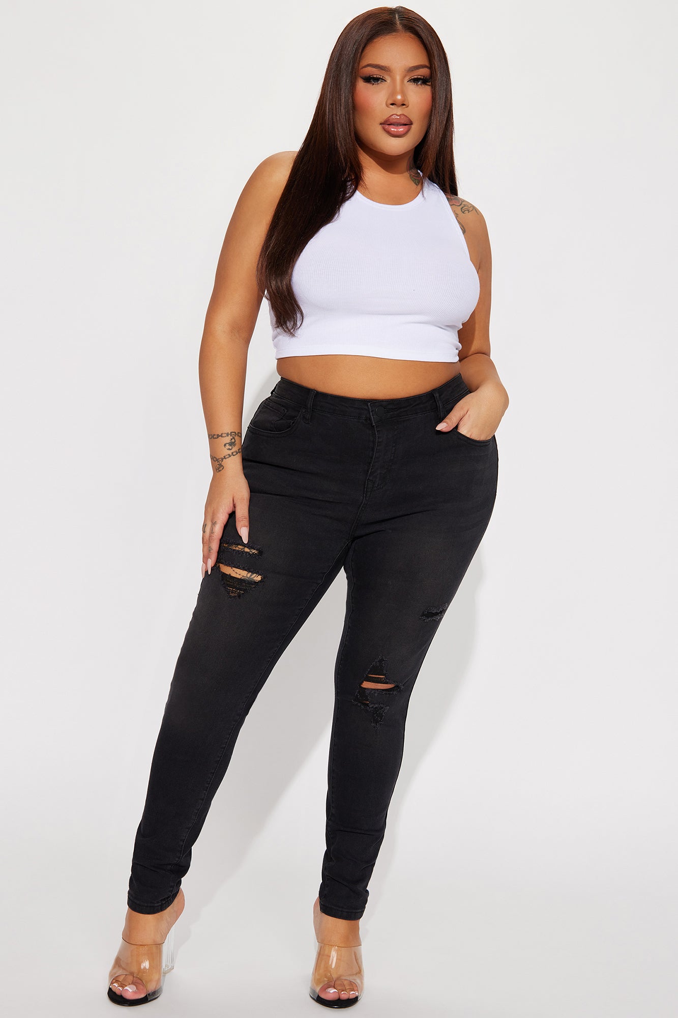Calabasas Ripped Mid Rise Stretch Skinny Jeans - Black Wash - Image 4
