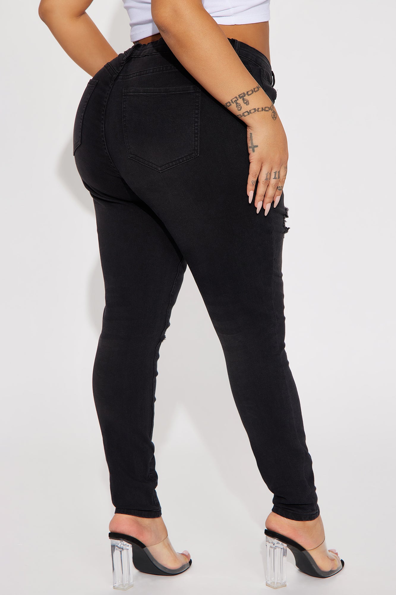 Calabasas Ripped Mid Rise Stretch Skinny Jeans - Black Wash - Image 6