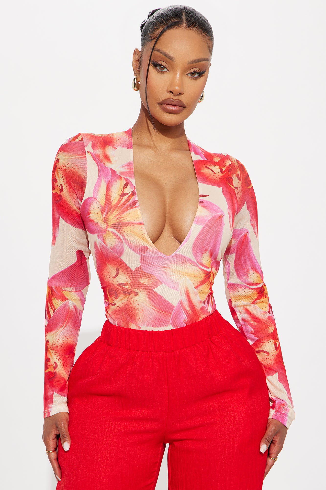 Moody Mesh Floral Long Sleeve Bodysuit - Pink/combo - Image 3
