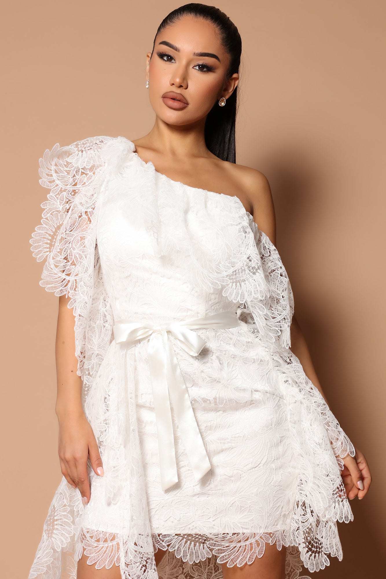 Amelia One Shoulder Lace Mini Dress - White - Image 3