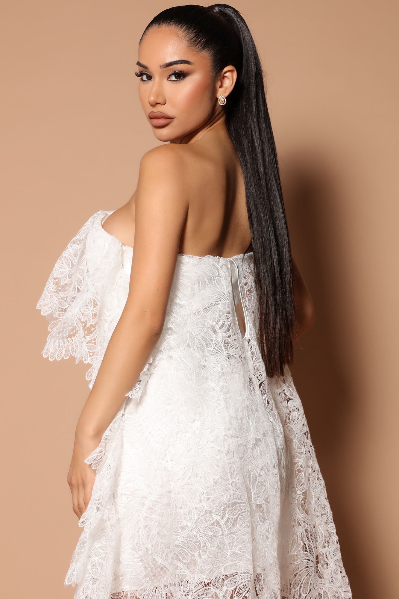 Amelia One Shoulder Lace Mini Dress - White - Image 5