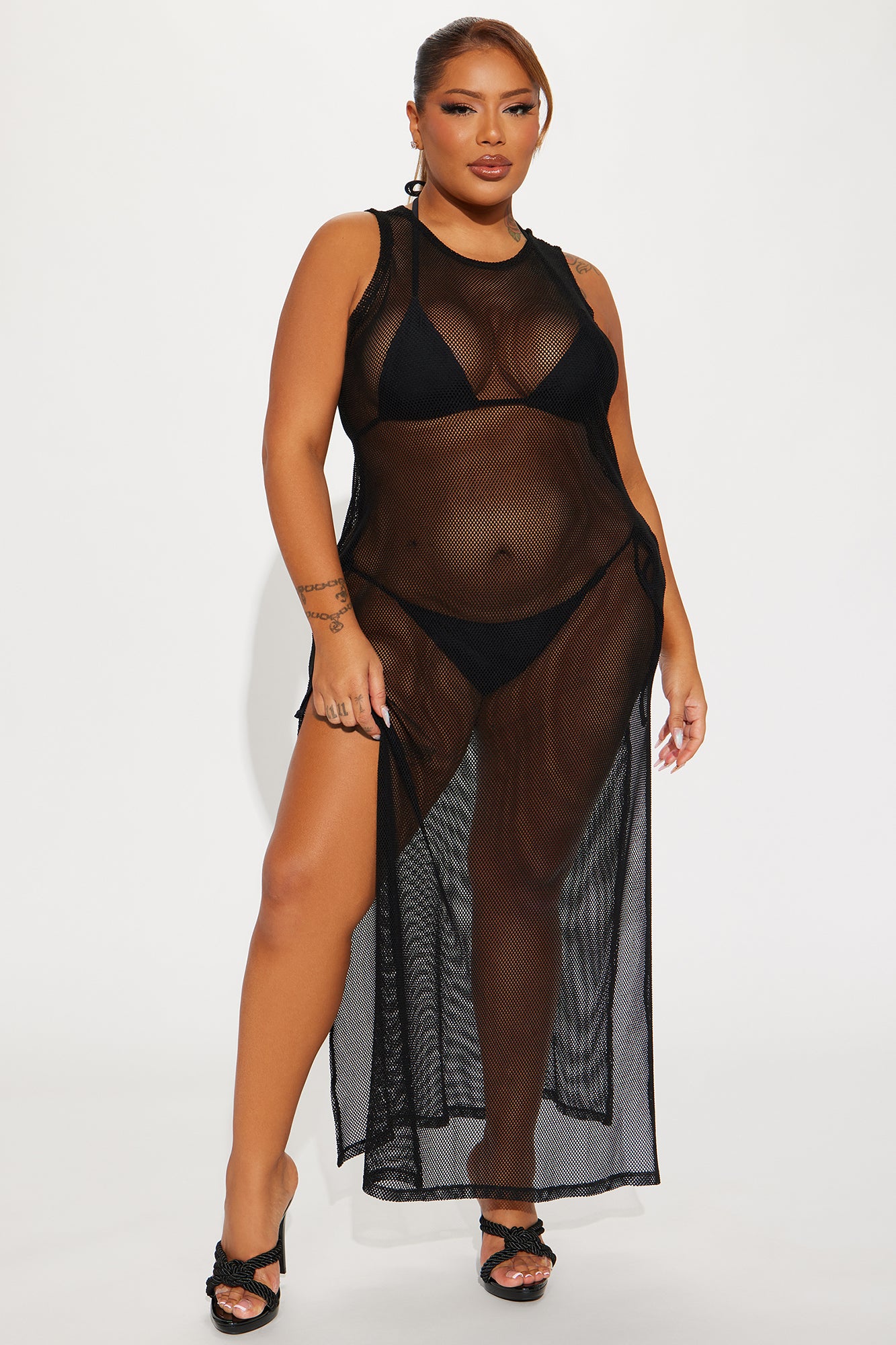 Good Times And Tan Lines Slit Fishnet Cover Up Dress - Black - Image 4