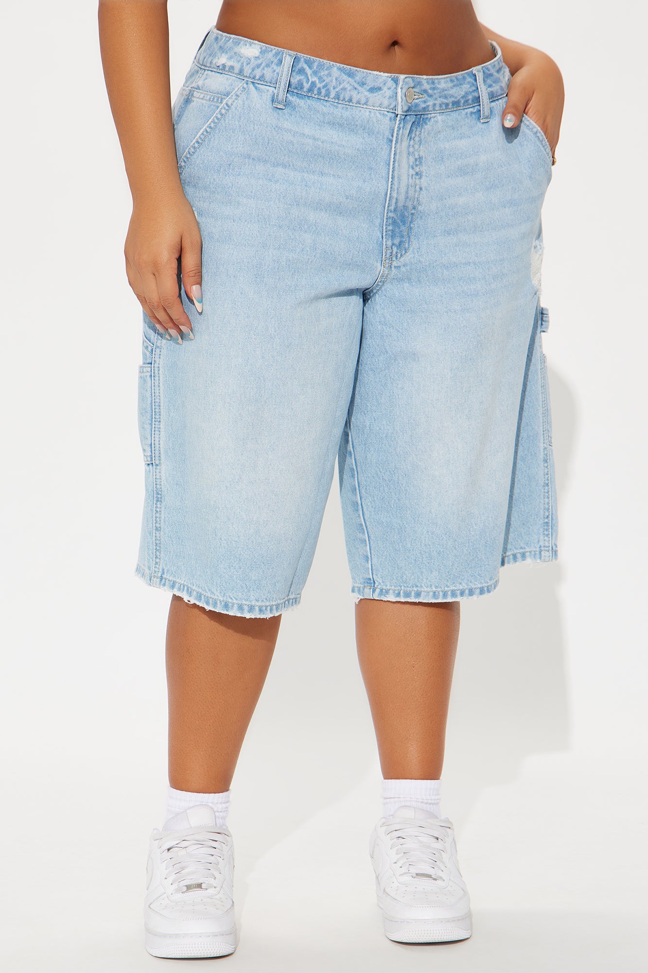 Talking About Me Ripped Carpenter Denim Jorts - Light Wash - Image 6