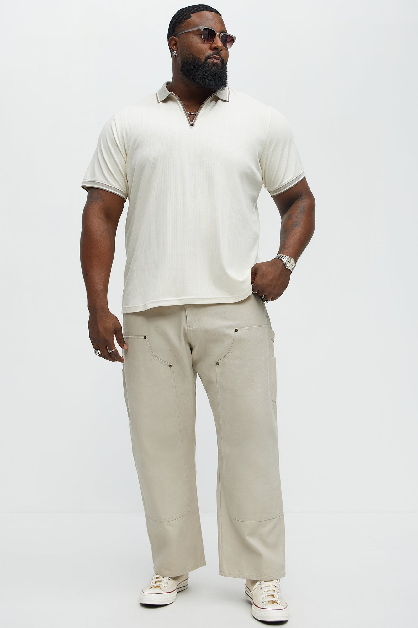 Two Tone Striped Zip Collar Polo - Cream - Image 6