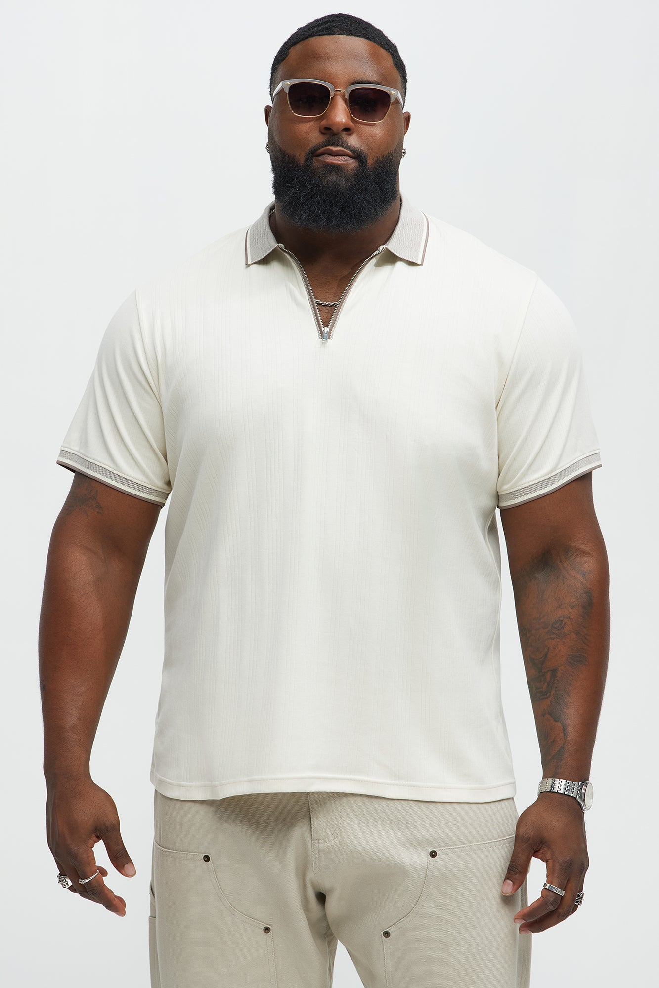Two Tone Striped Zip Collar Polo - Cream - Image 5