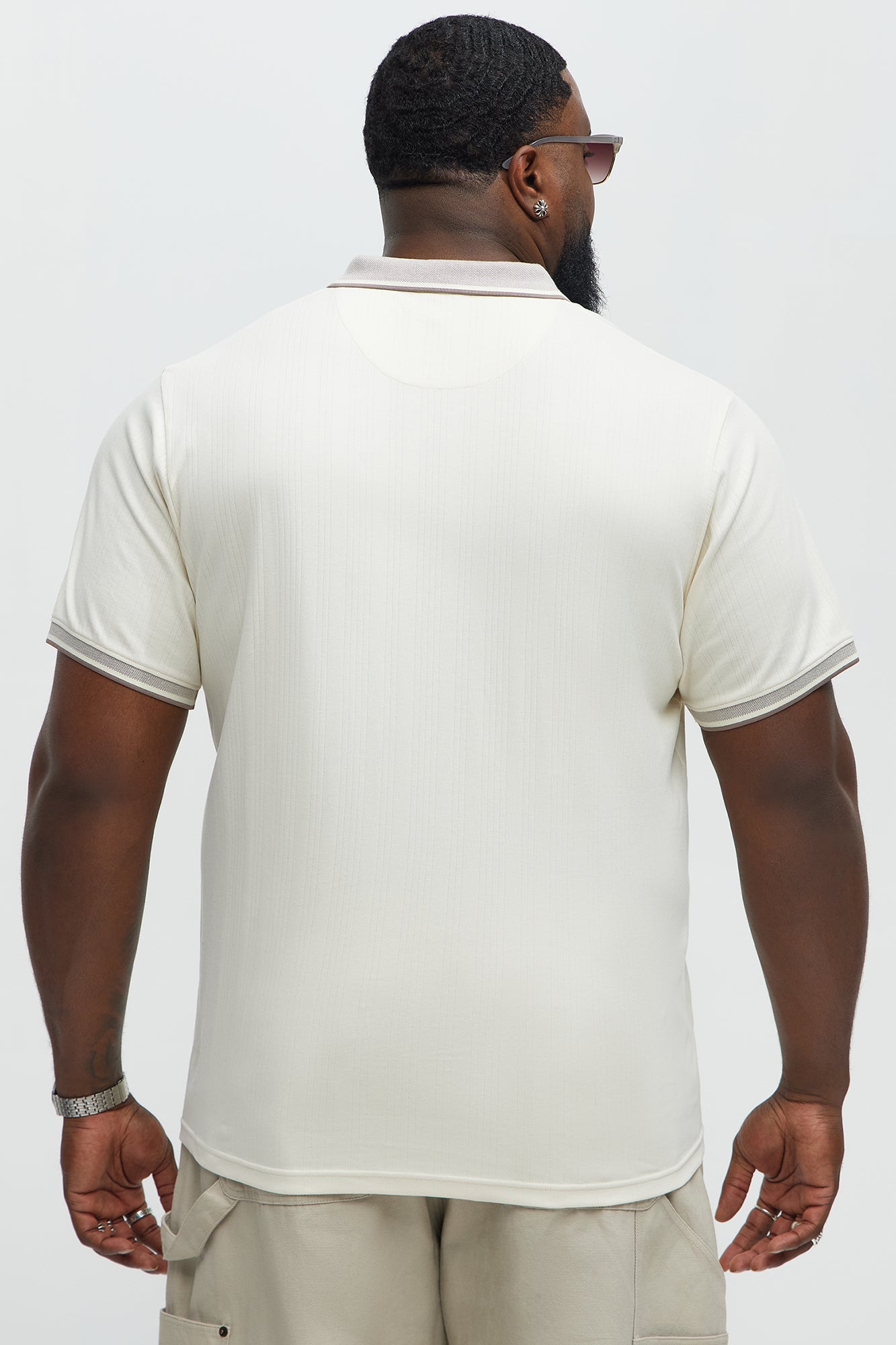 Two Tone Striped Zip Collar Polo - Cream - Image 7