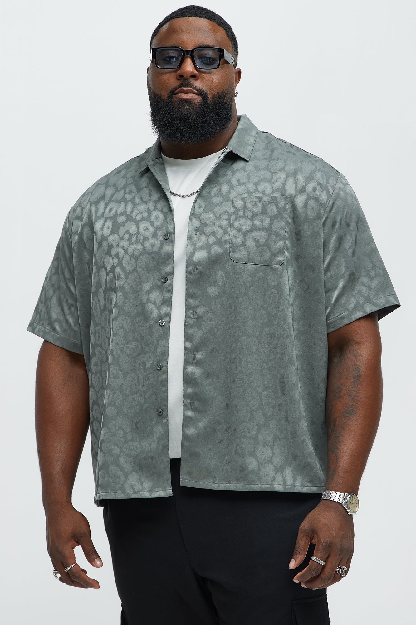 Satin Leopard Button Up Shirt - Grey - Image 5