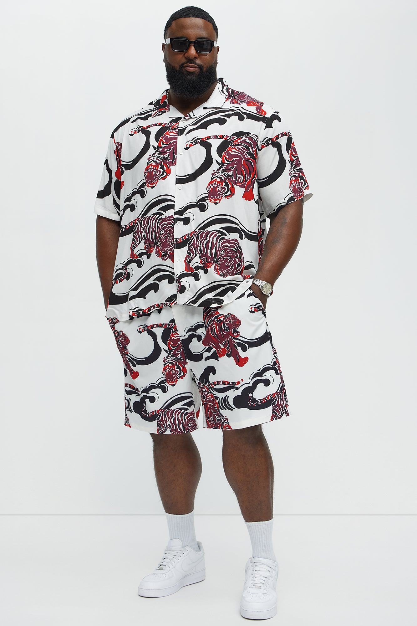 Tiger Waves Cuban Collar Button Up Shirt - White/combo - Image 5