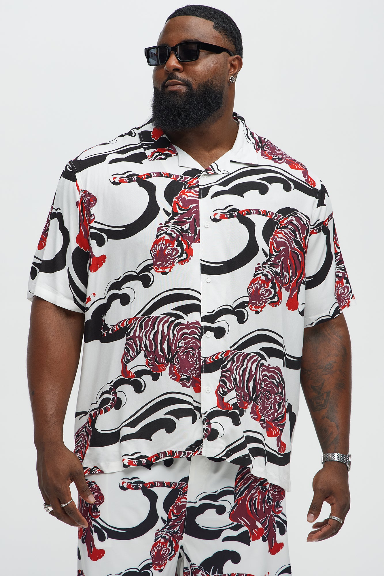 Tiger Waves Cuban Collar Button Up Shirt - White/combo - Image 4