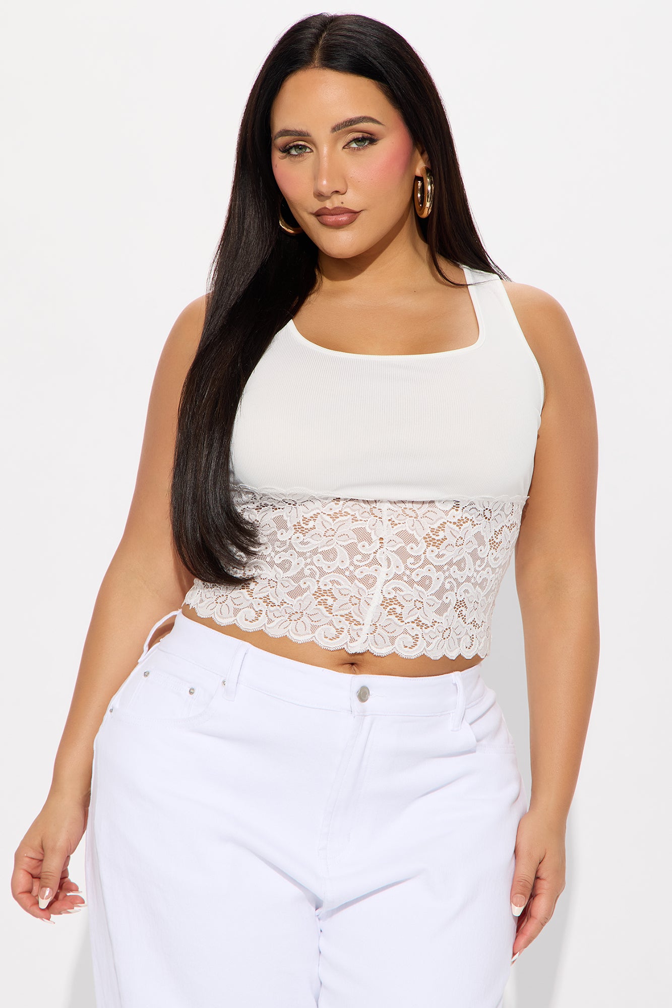 Katalina Ribbed Lace Trim Tank Top - Ivory - Image 4