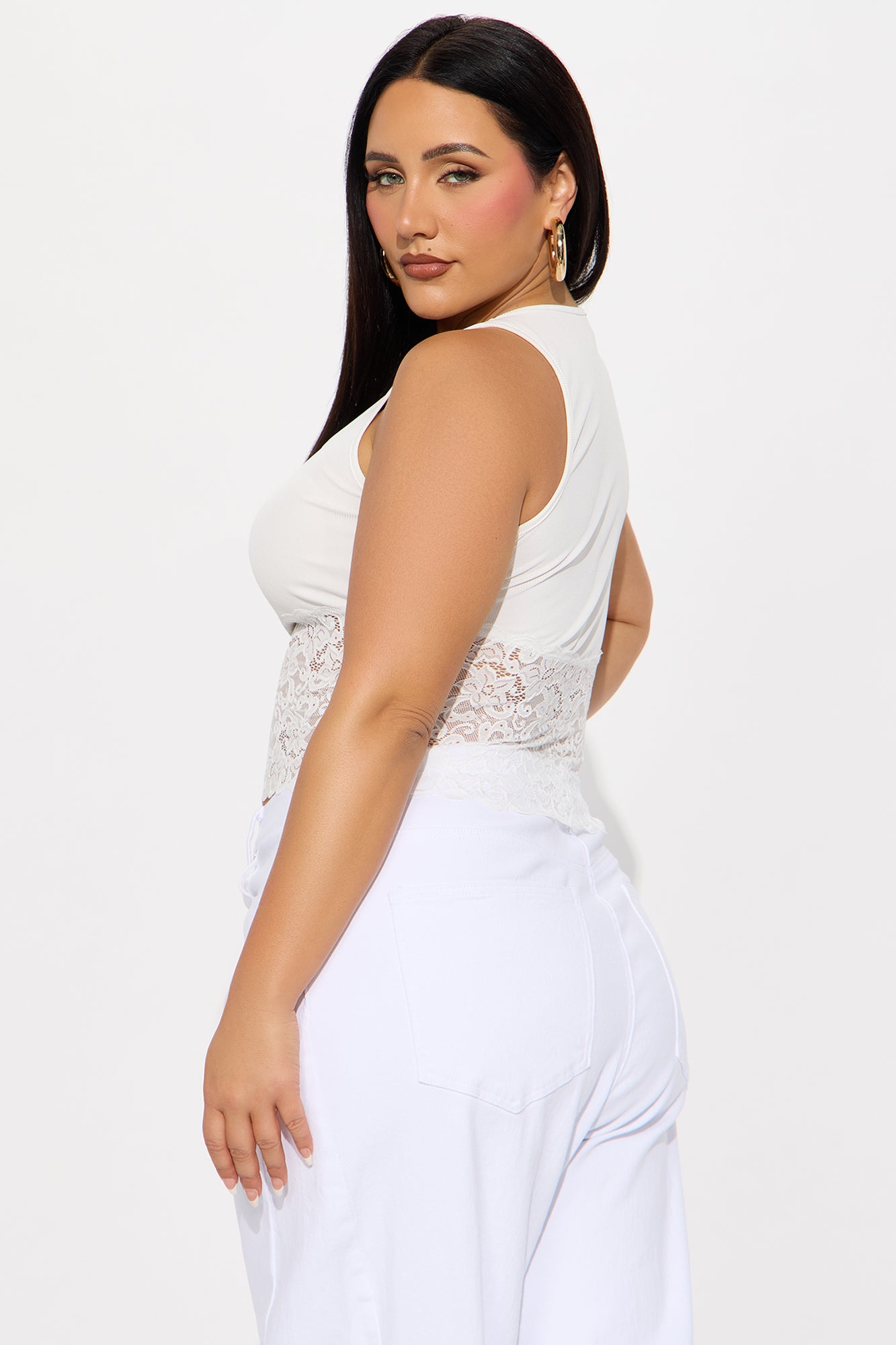 Katalina Ribbed Lace Trim Tank Top - Ivory - Image 6