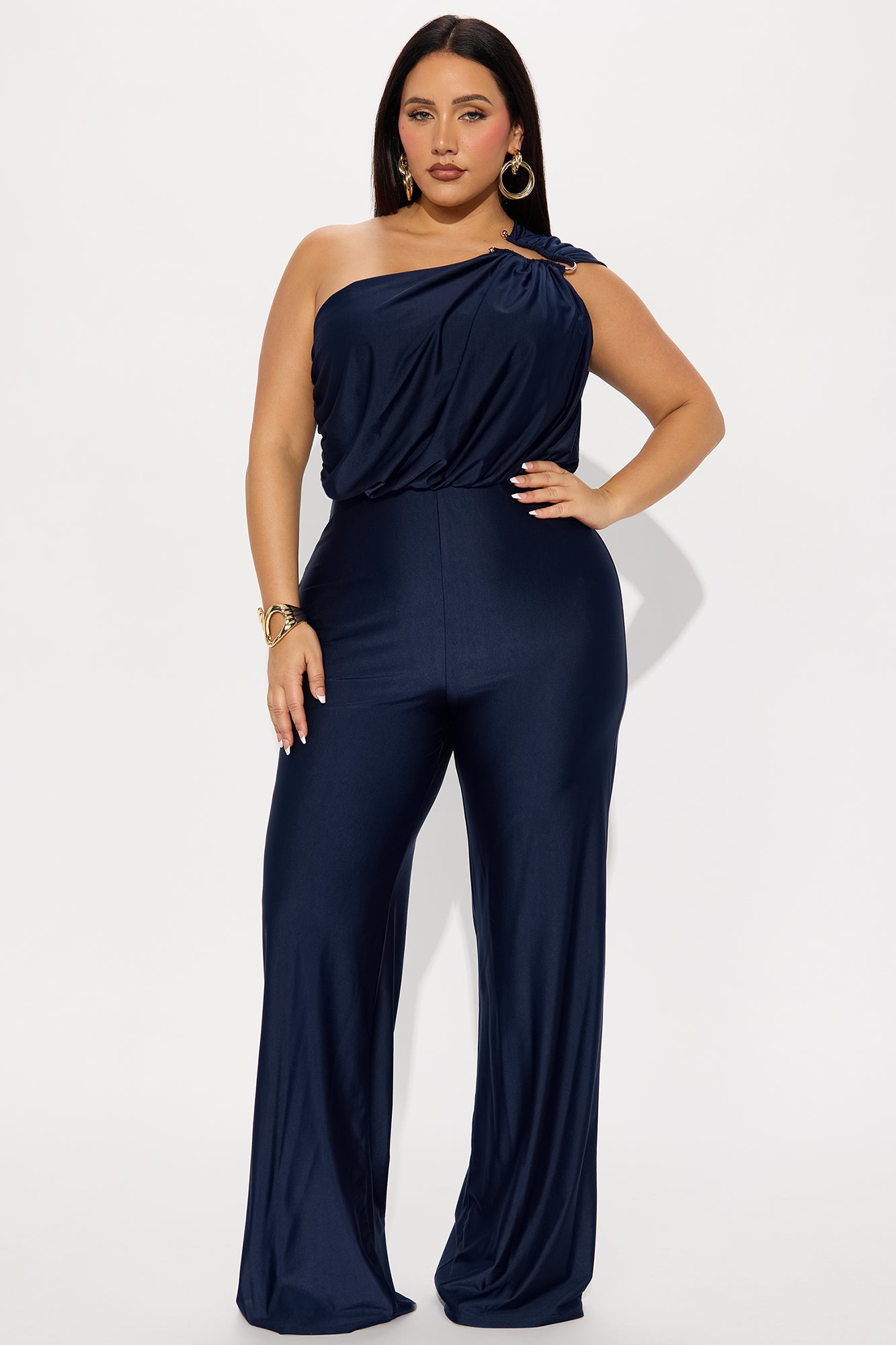 Marisol Wide Leg One Shoulder Jumpsuit - Navy - Image 4