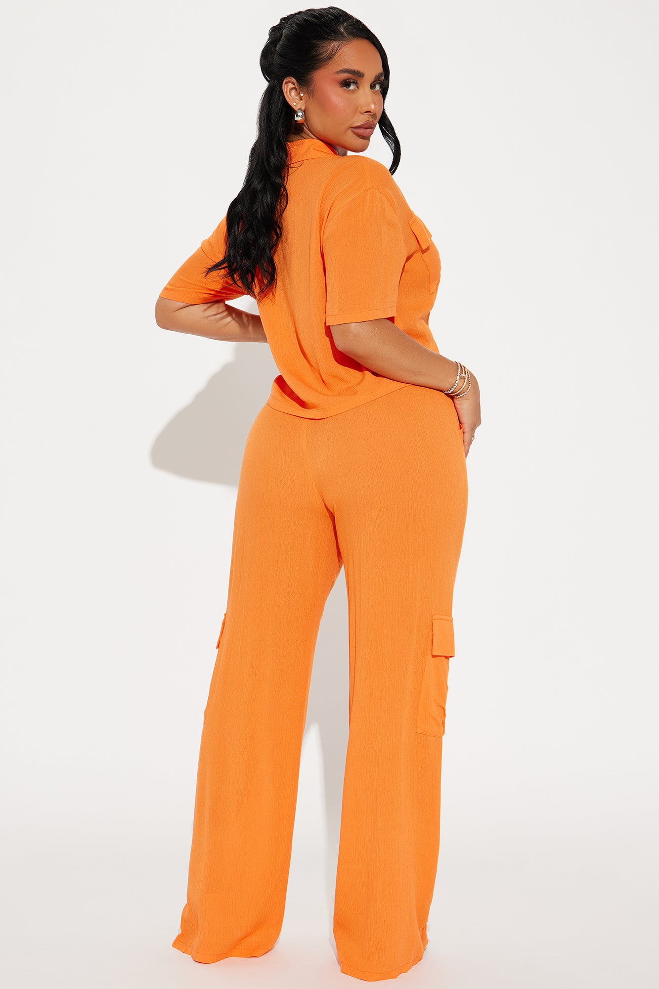 Breezy Paradise Linen Cover Up Cargo Pants Set - Orange - Image 3