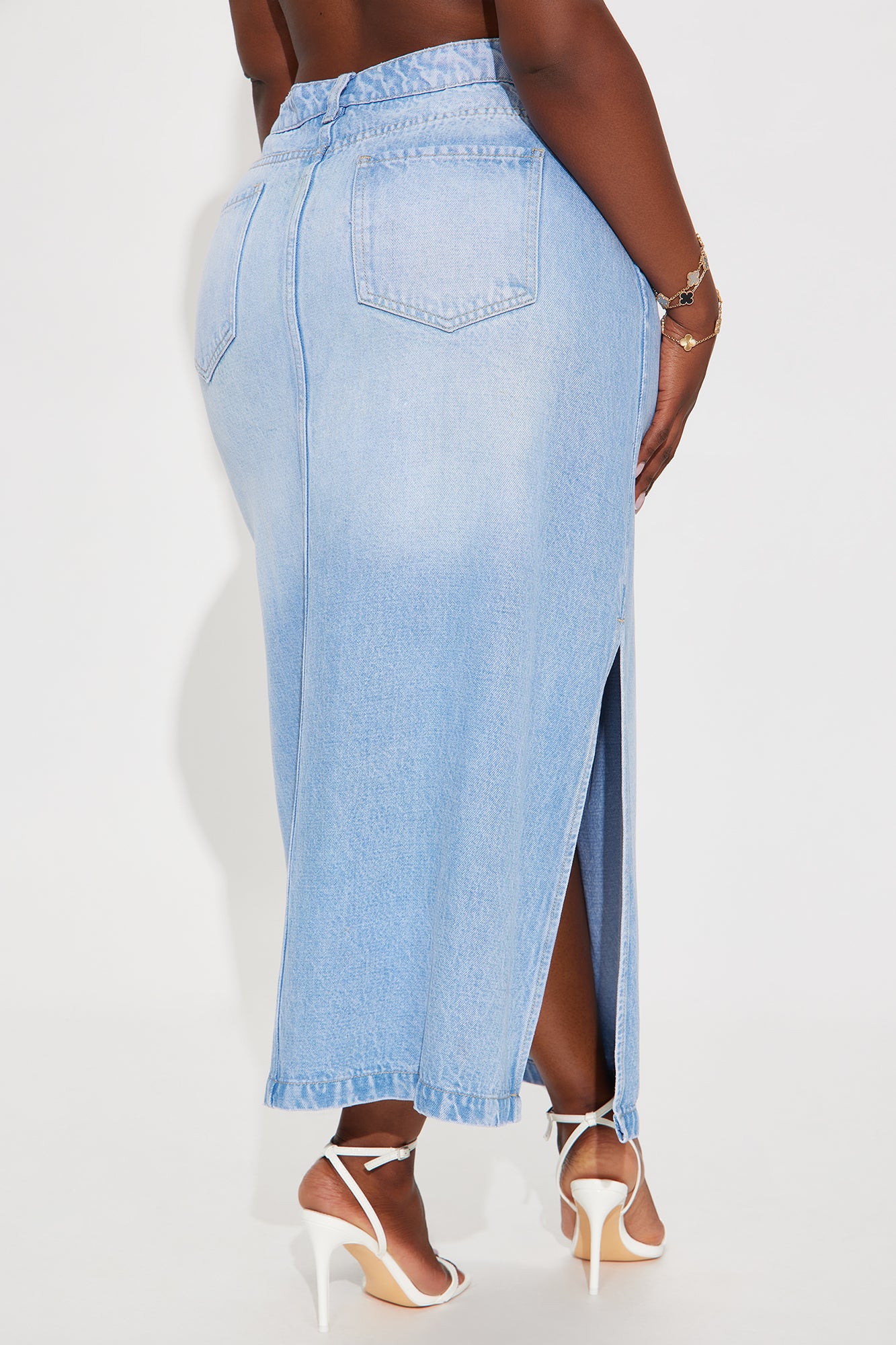 Pepper Denim Dual Side Slit Ankle Maxi Skirt - Light Wash - Image 6