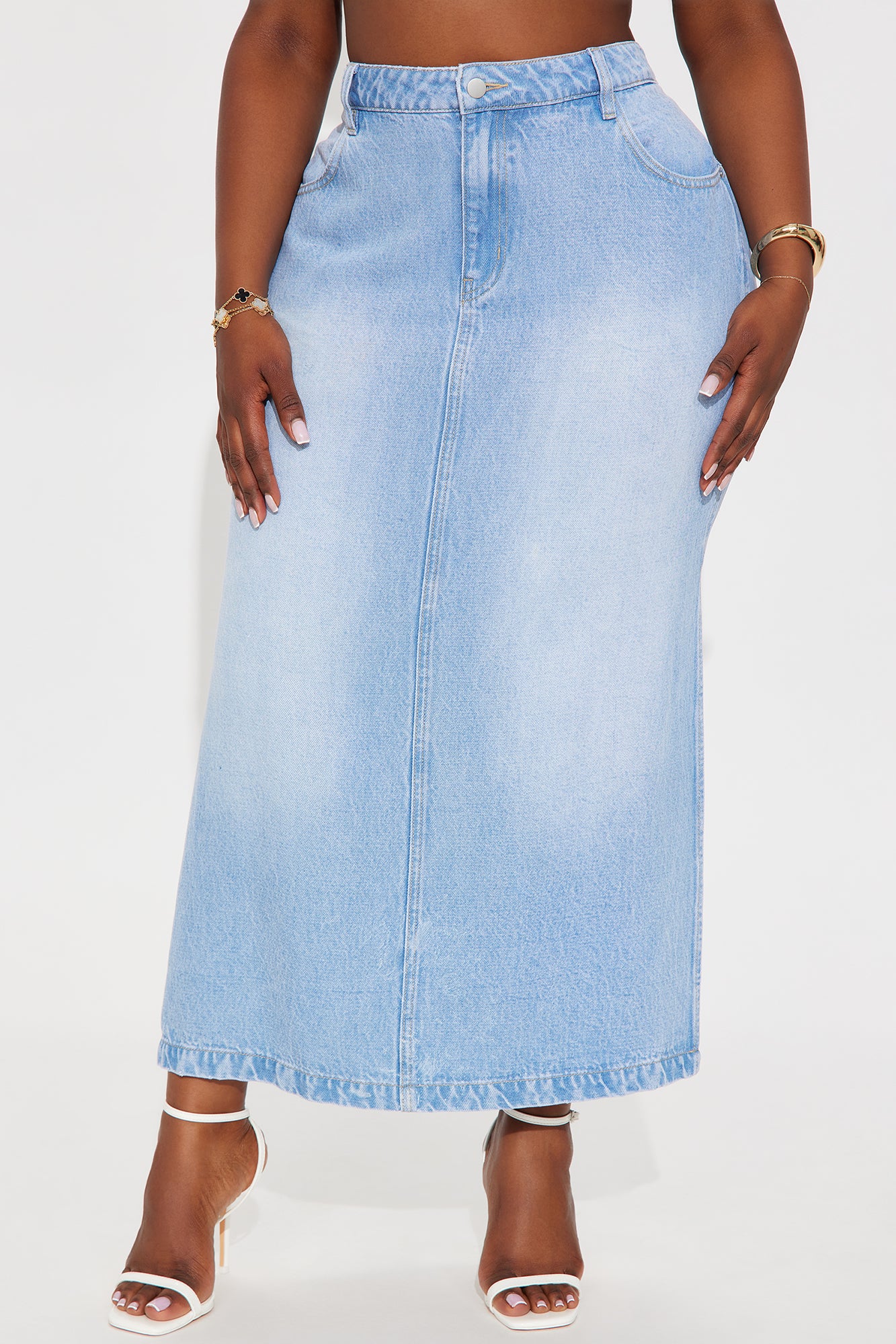 Pepper Denim Dual Side Slit Ankle Maxi Skirt - Light Wash - Image 5