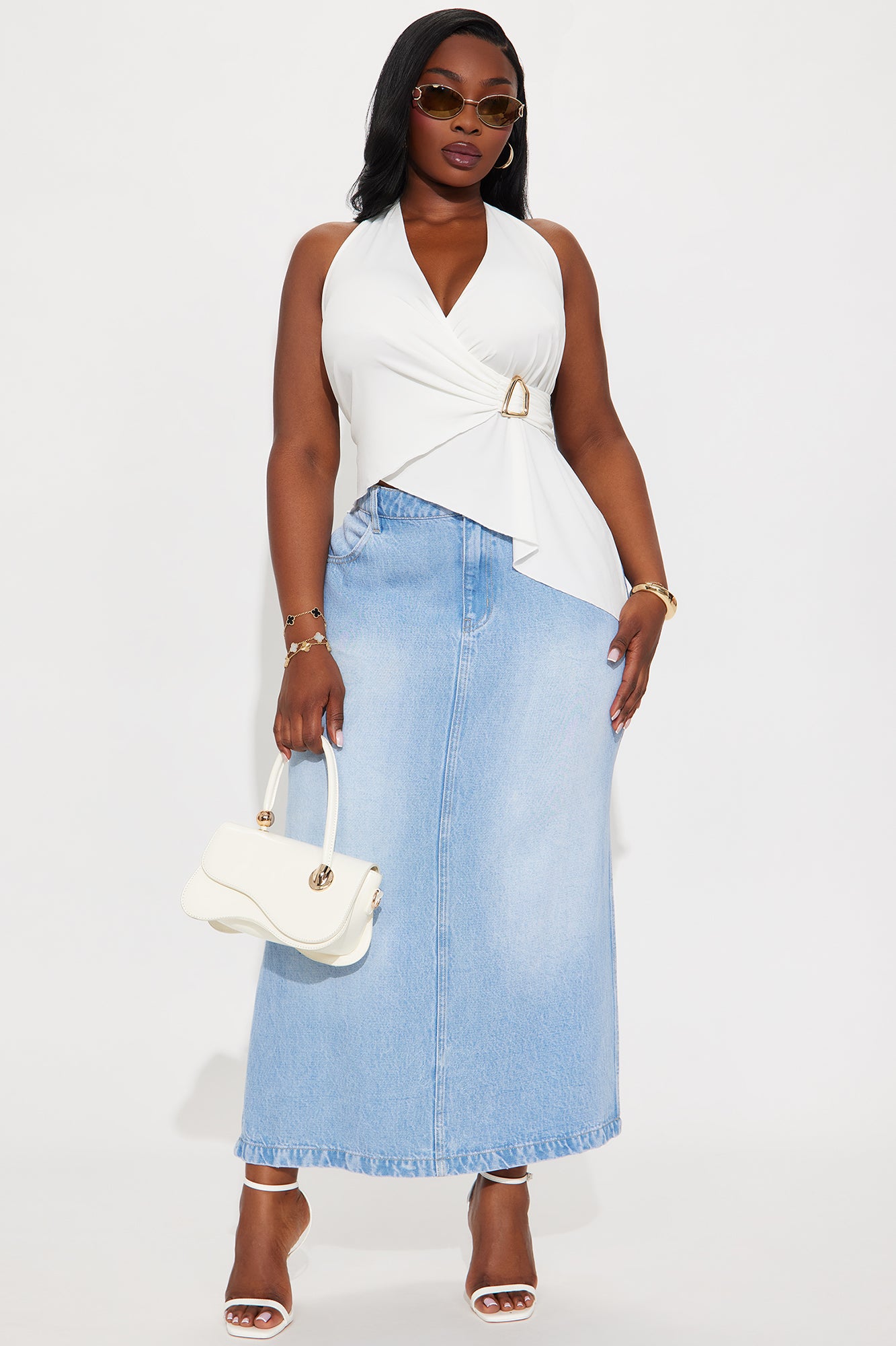 Pepper Denim Dual Side Slit Ankle Maxi Skirt - Light Wash - Image 4