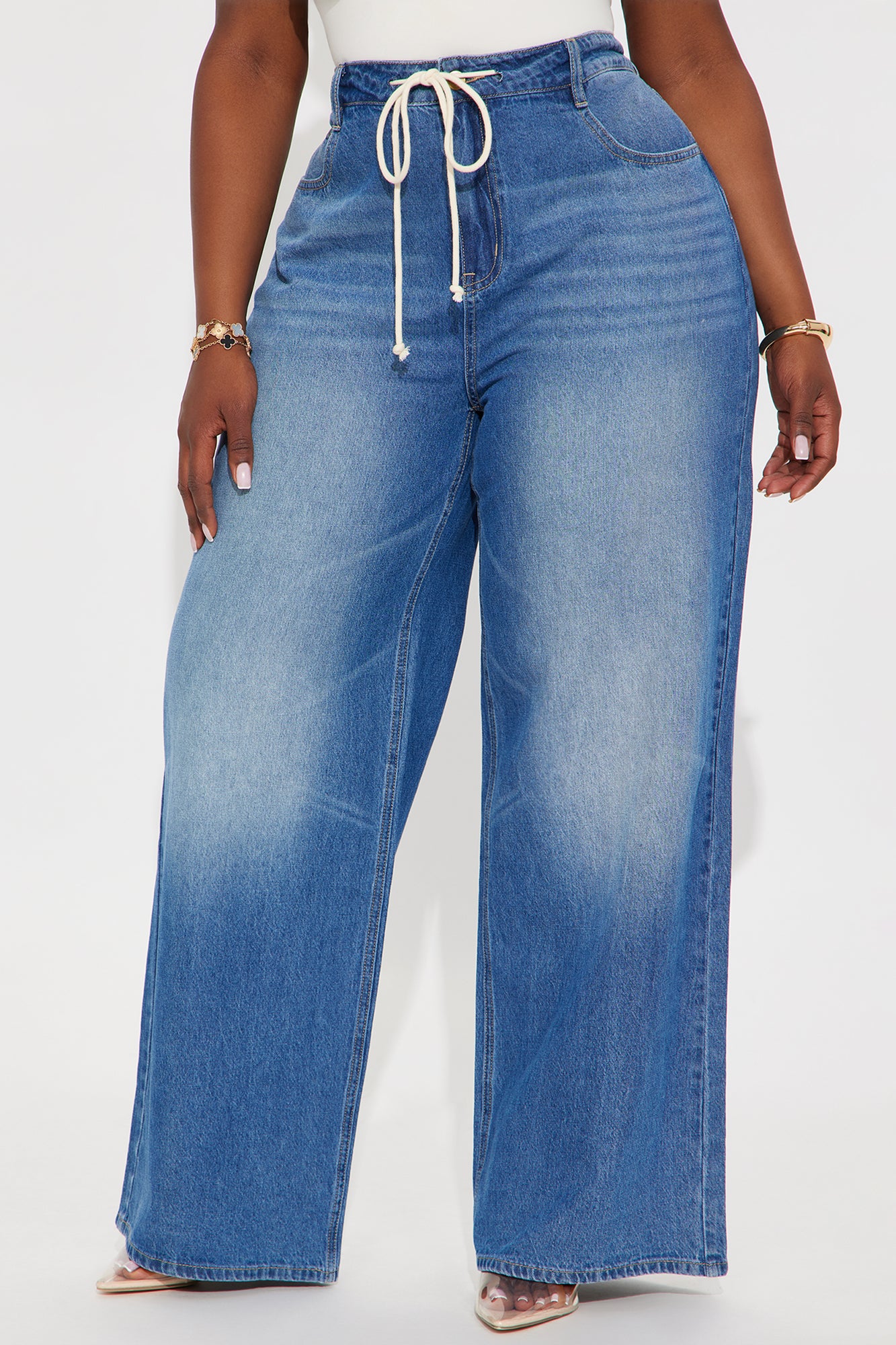 Bondi Girl Tie Waist Drapey Wide Leg Jeans - Medium Wash - Image 5