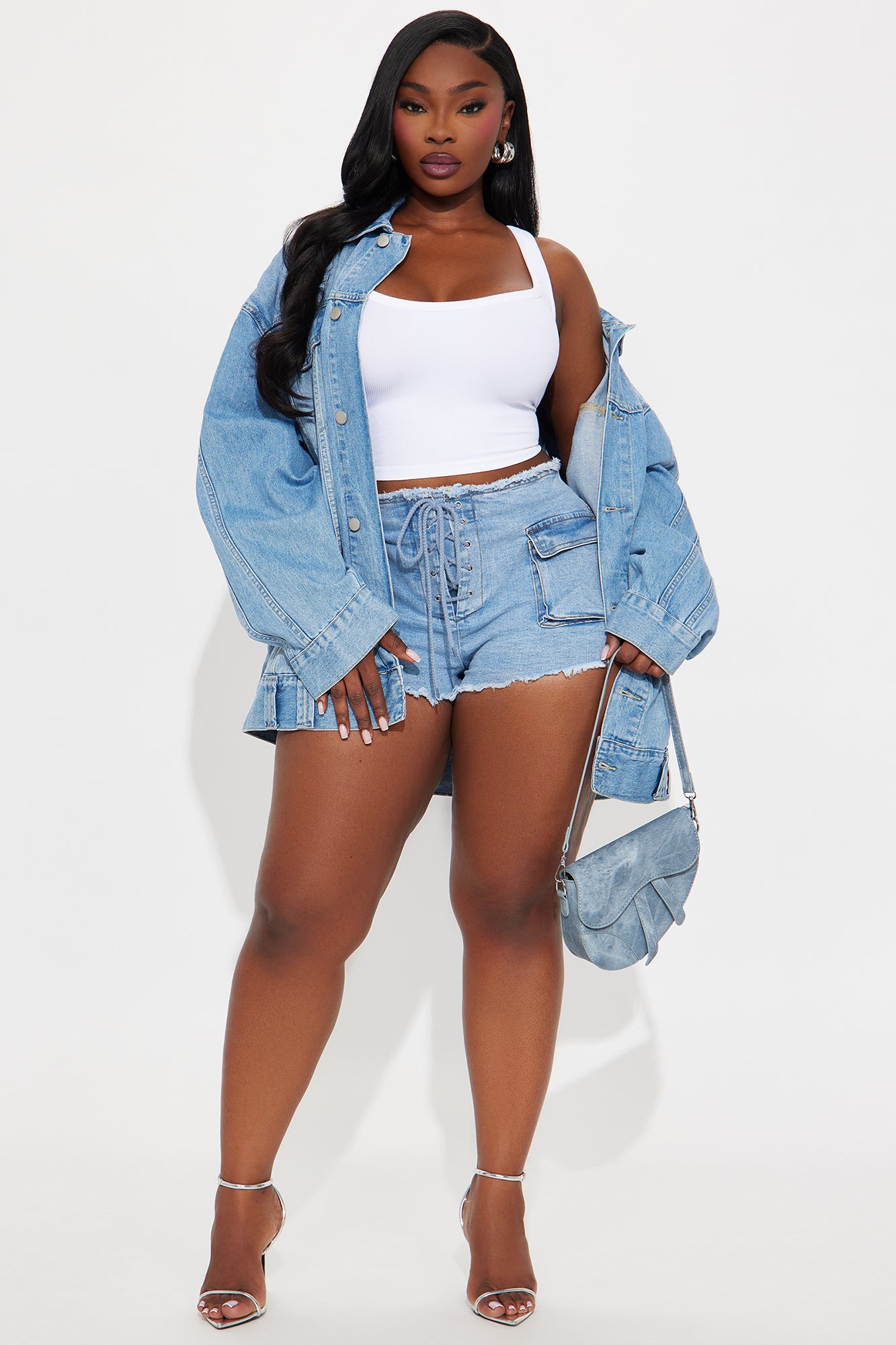 Lucky Lace Up Stretch Denim Shorts - Light Wash - Image 4