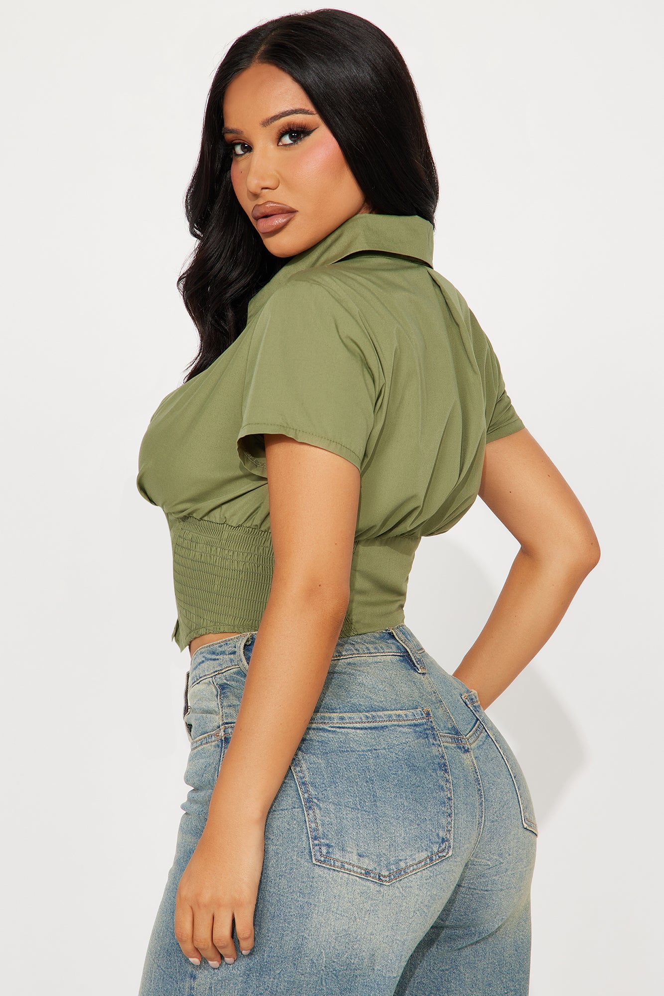 Endless Talks Short Sleeve Corset Top - Olive - Image 3
