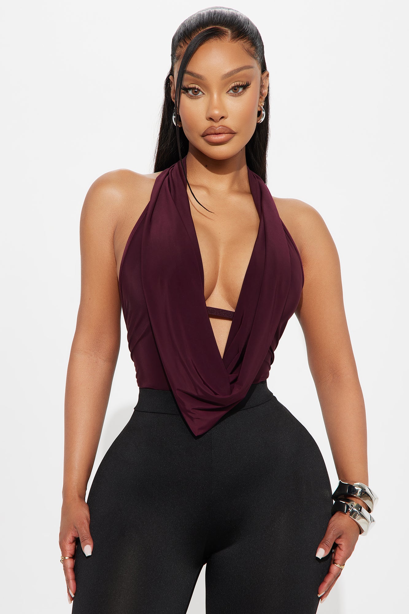 Forever Hot Cowl Neck Halter Bodysuit - Burgundy - Image 3