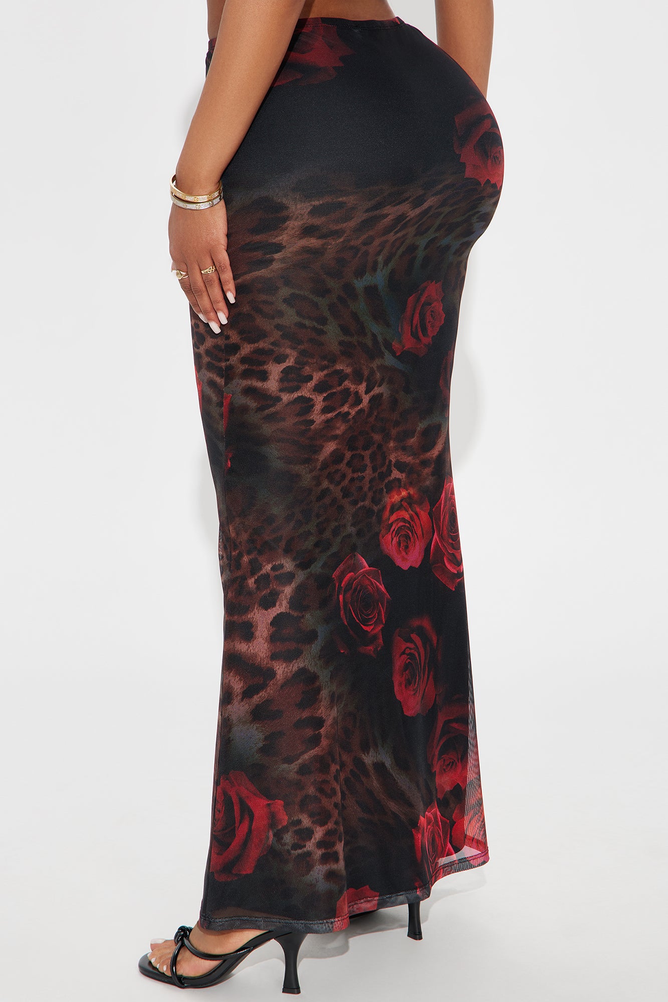 Dark Romantic Leopard Floral Mesh Maxi Skirt - Red/combo - Image 3