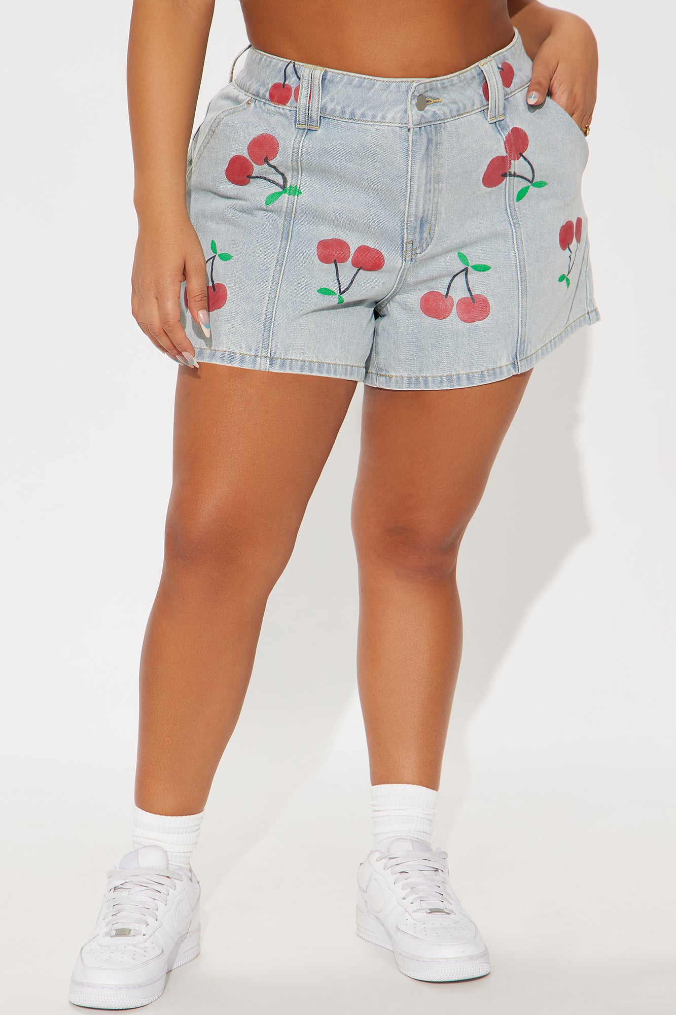 Cherry On Top Printed Denim Shorts - Light Wash - Image 4