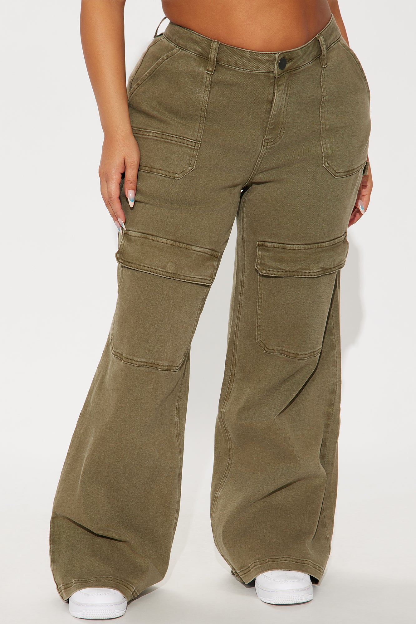 Here We Go Mid Rise Cargo Jean - Olive - Image 6