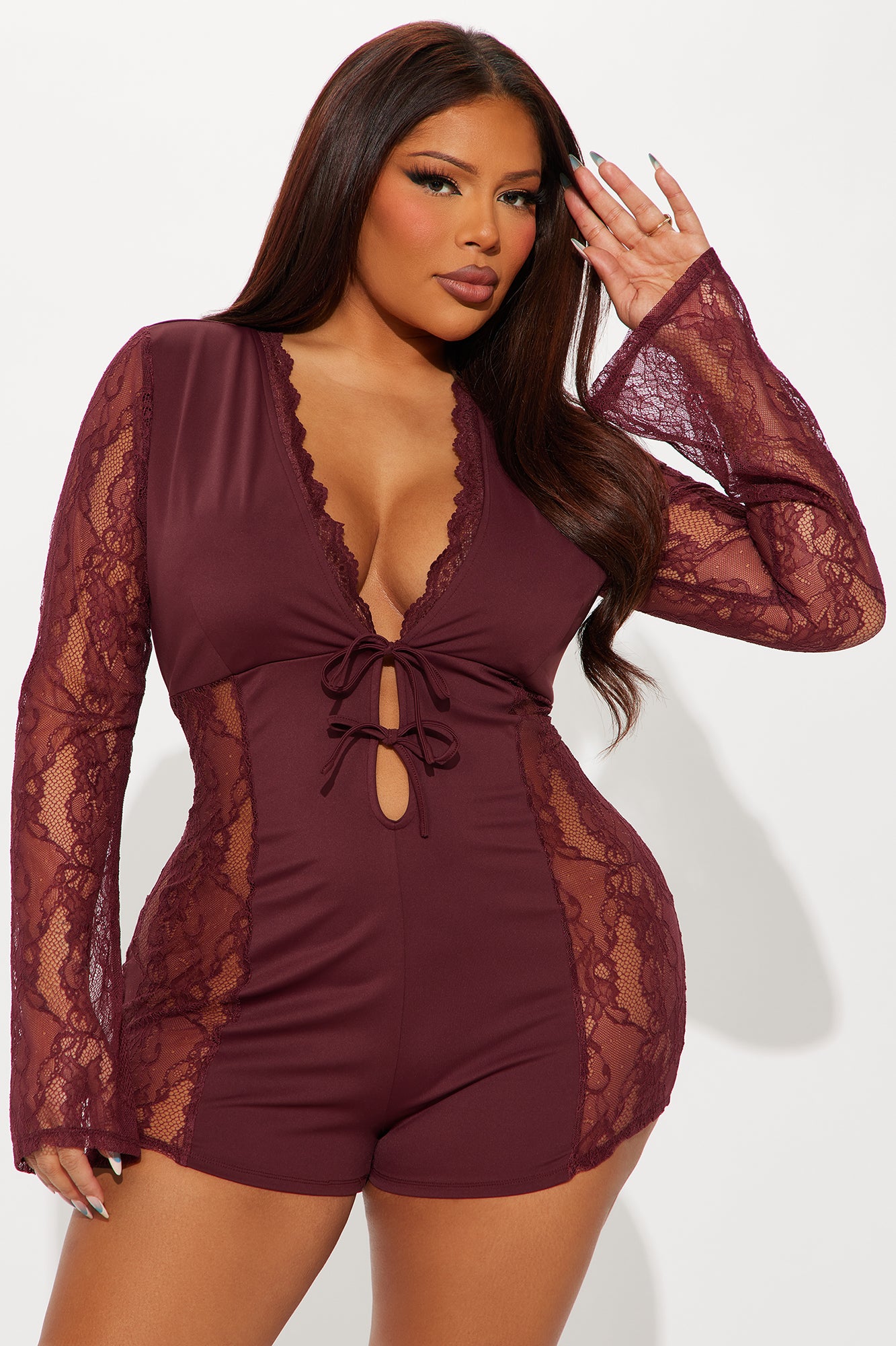 Cleo Lace Long Sleeve Romper - Burgundy - Image 5