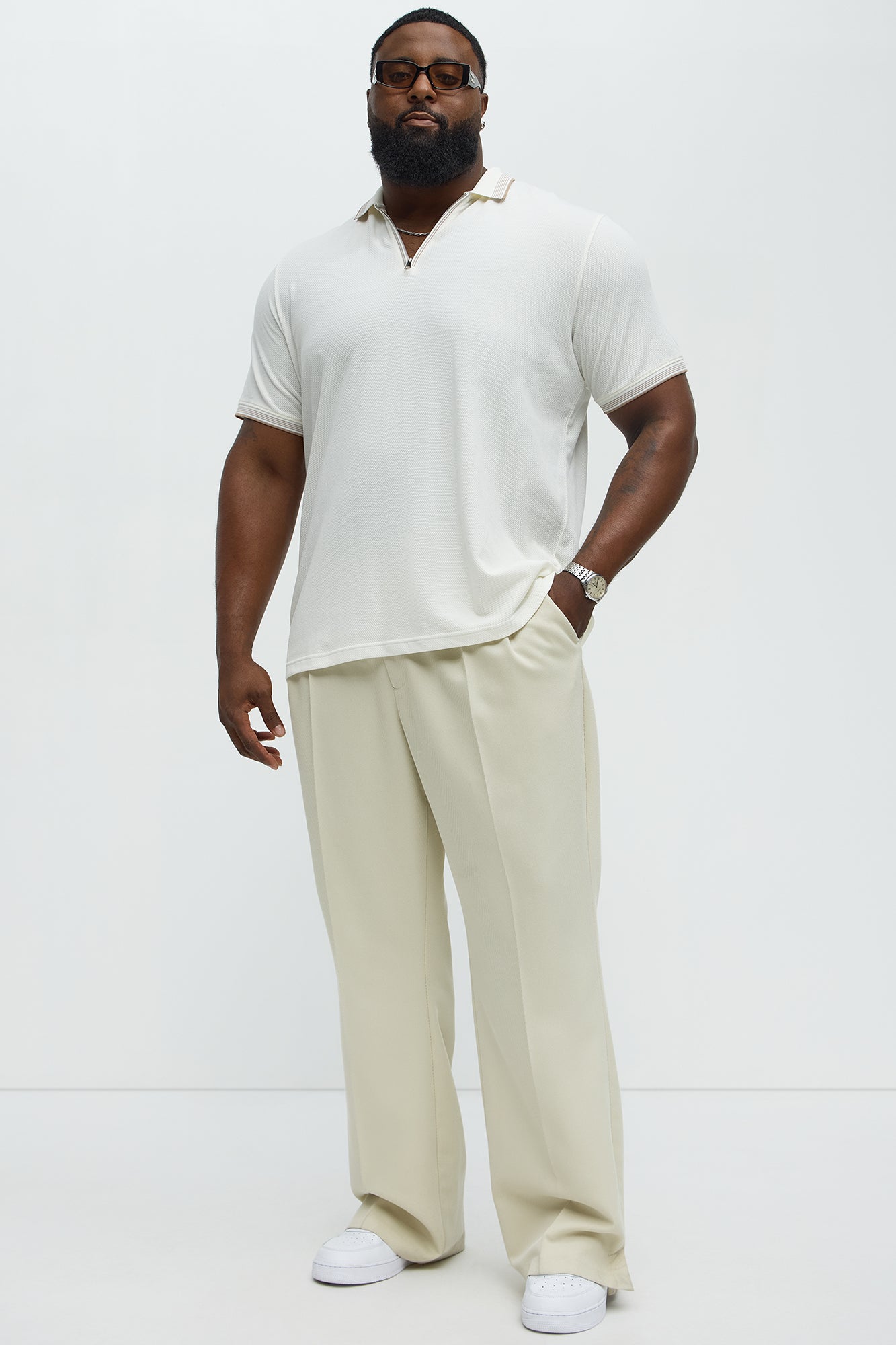 Striped Zip Collar Textured Polo - Off White - Image 6