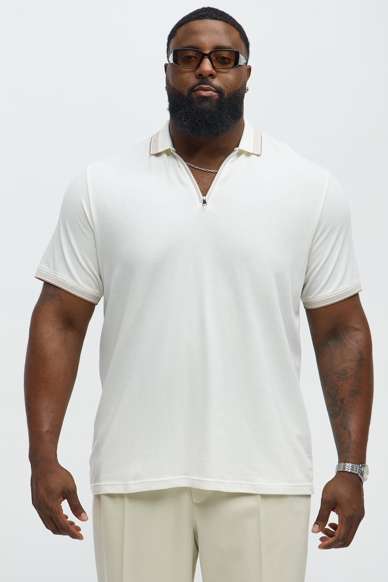 Striped Zip Collar Textured Polo - Off White - Image 5
