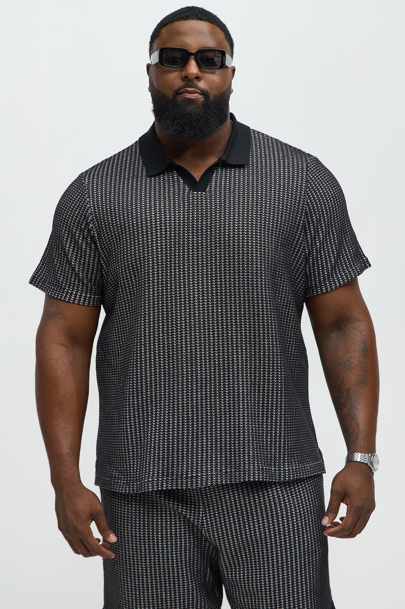 Devin Crochet Contrast Trim Johnny Collar Polo - Black/combo - Image 4
